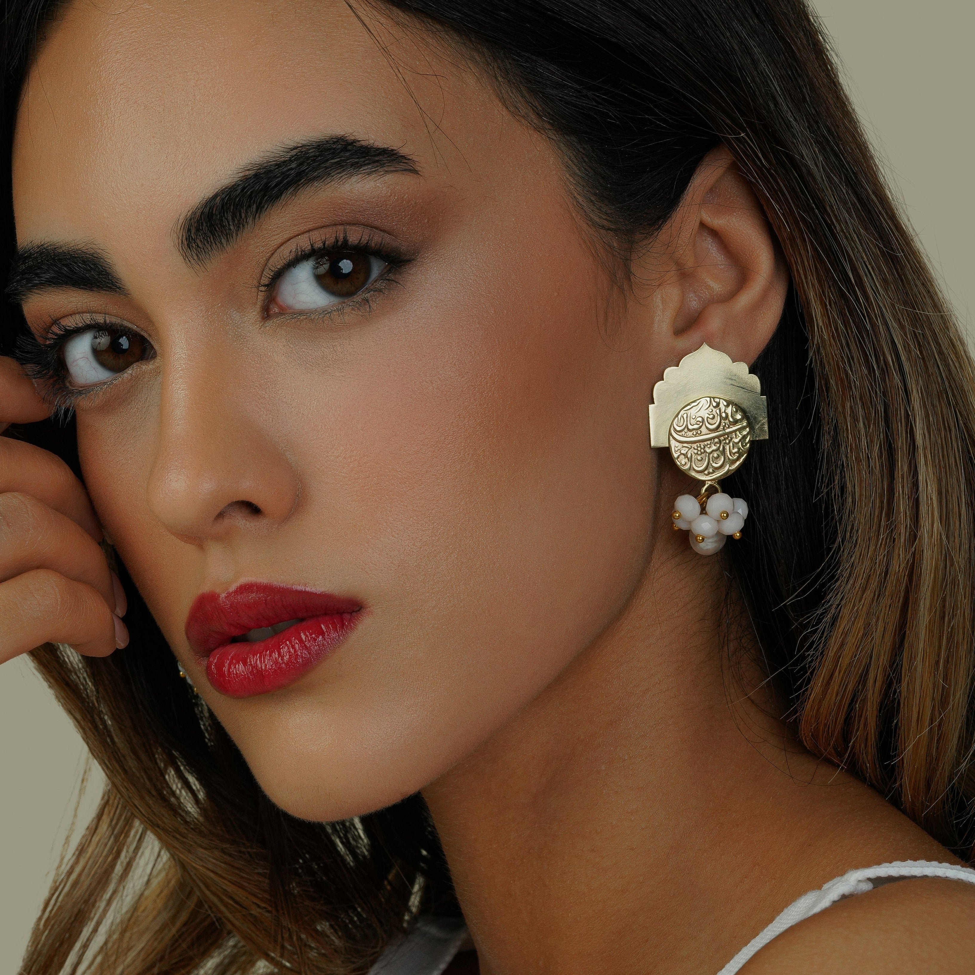 Persian Earrings-Handmade Brass stud Earrings with Pearls:Persian Jewelry-AFRA ART GALLERY