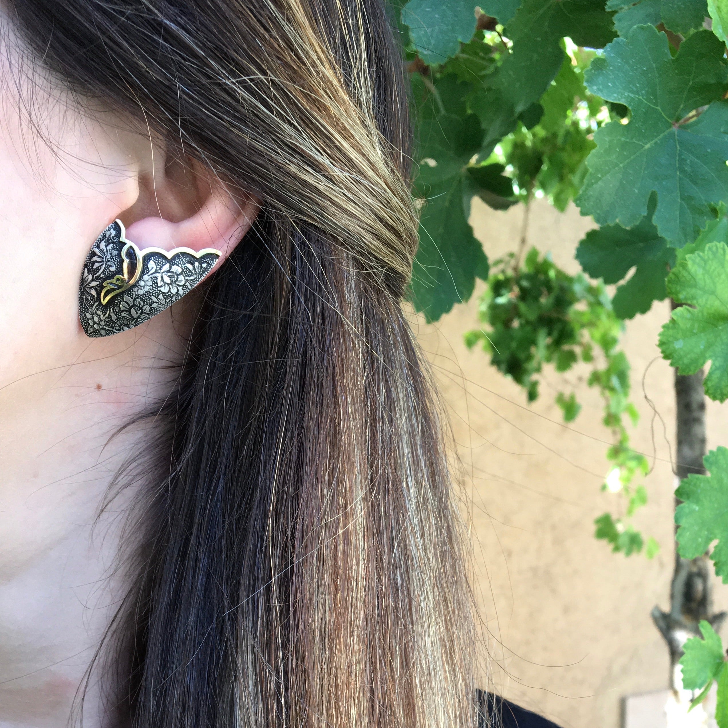 Persian Earrings-Handmade, Flower and Bird Engraved Silver Ear Cuff :Persian Jewelry-Afra Art Gallery