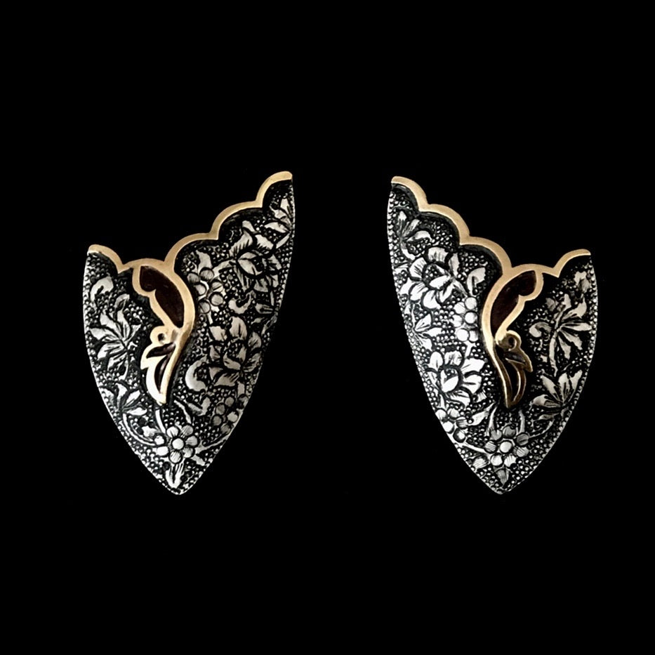 Persian Earrings-Handmade, Flower and Bird Engraved Silver Ear Cuff :Persian Jewelry-Afra Art Gallery