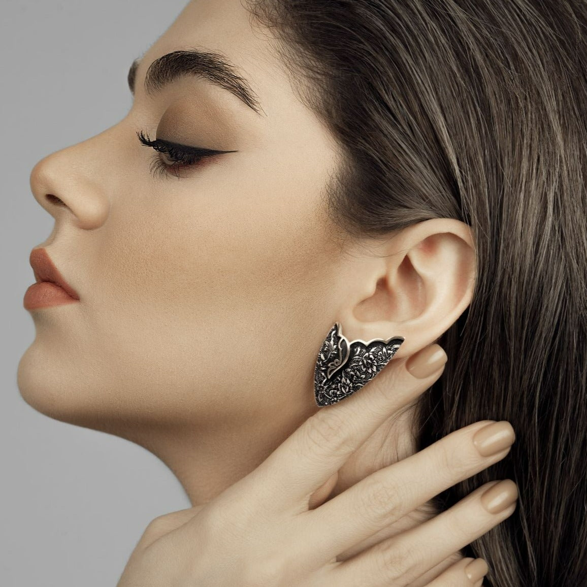Persian Earrings-Handmade, Flower and Bird Engraved Silver Ear Cuff:Persian Jewelry-AFRA ART GALLERY