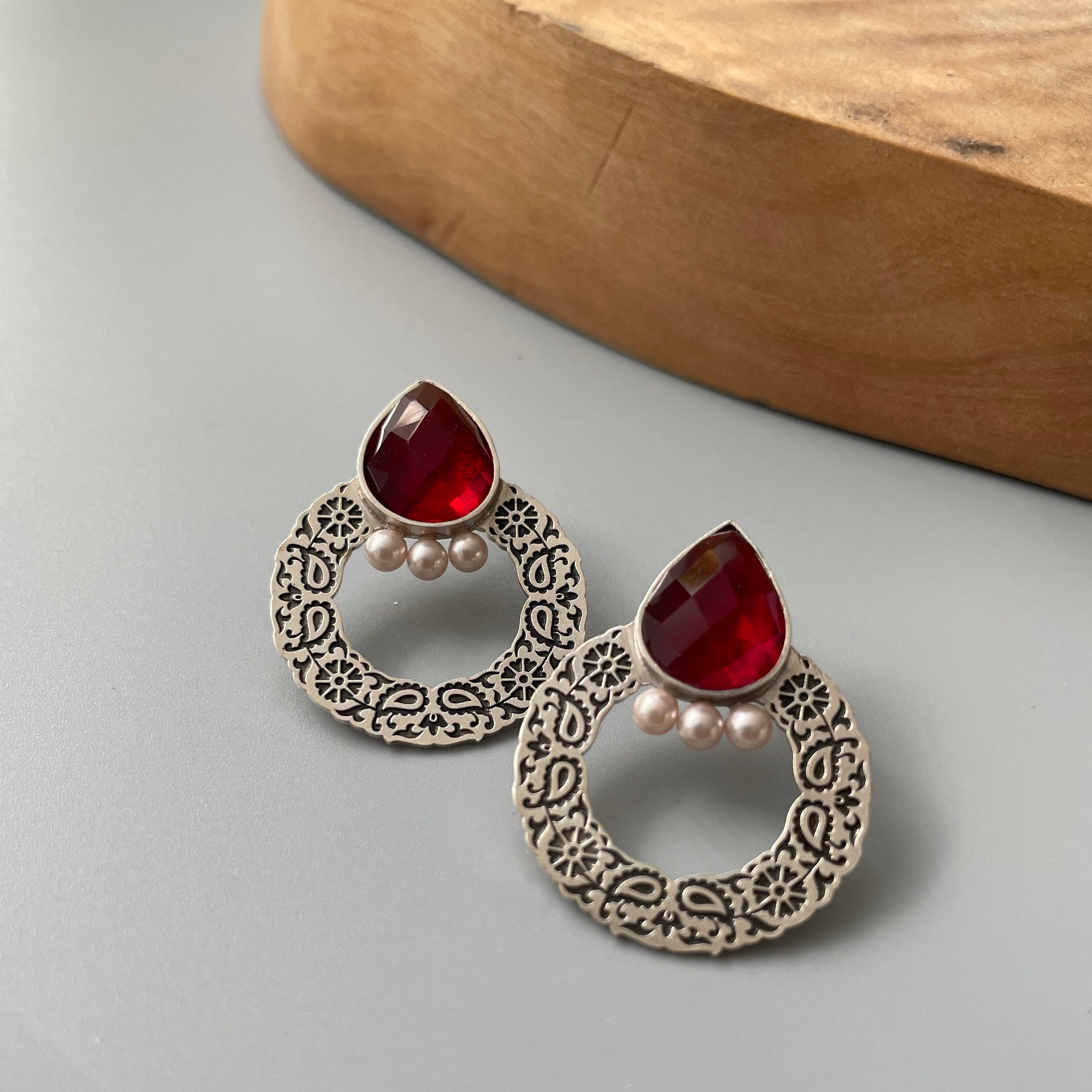 Persian Earrings-Handmade Persian Earrings with Engraving and Red Crystal:Persian Jewelry-AFRA ART GALLERY