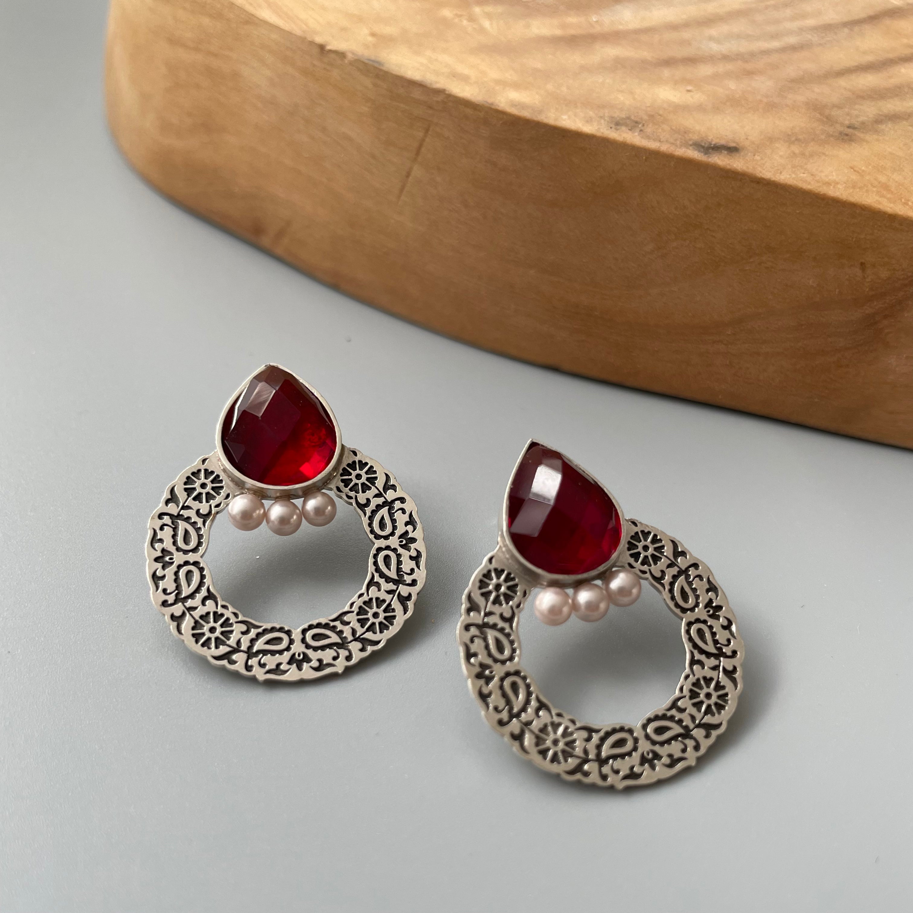 Persian Earrings-Handmade Persian Earrings with Engraving and Red Crystal:Persian Jewelry-AFRA ART GALLERY