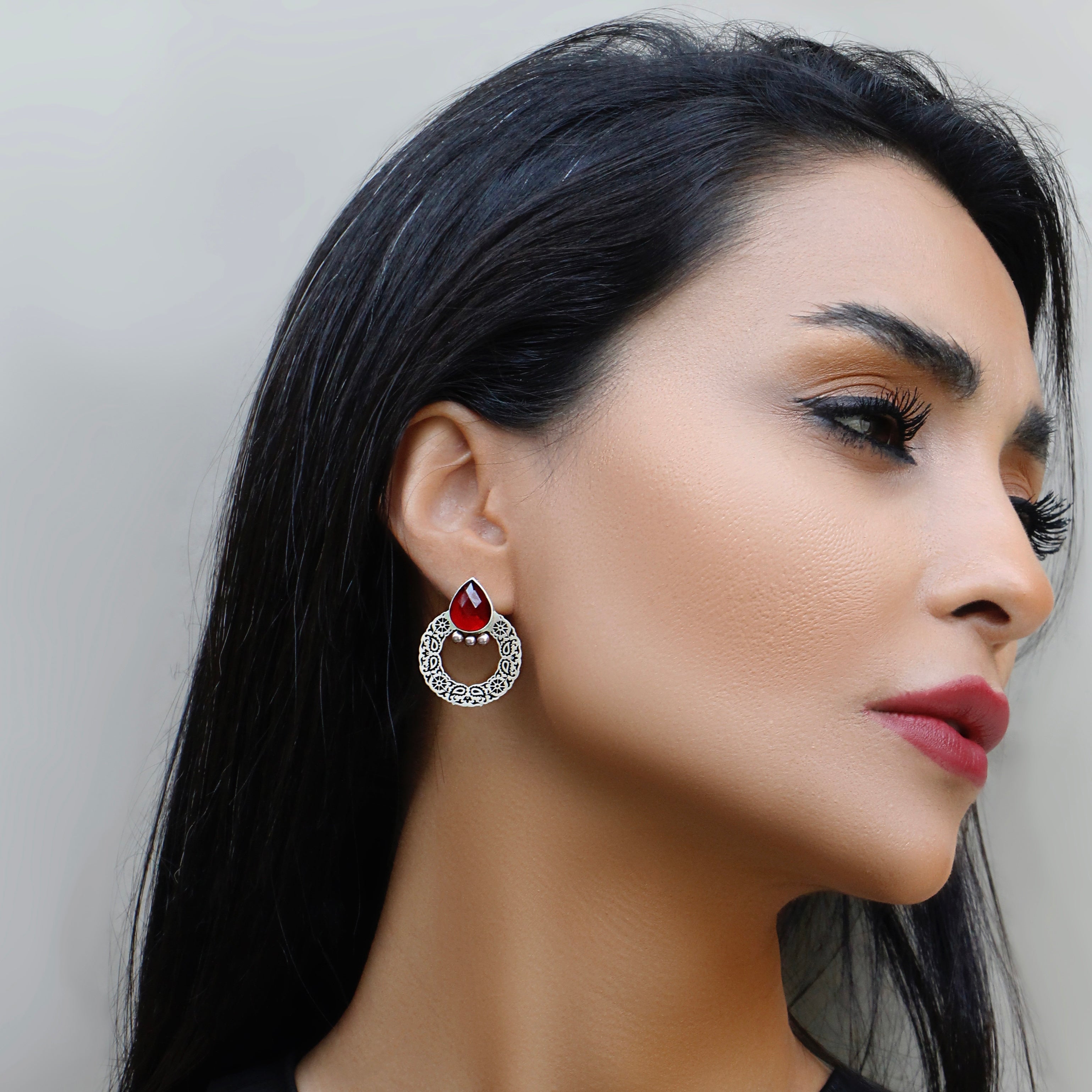 Persian Earrings-Handmade Persian Earrings with Engraving and Red Crystal:Persian Jewelry-AFRA ART GALLERY