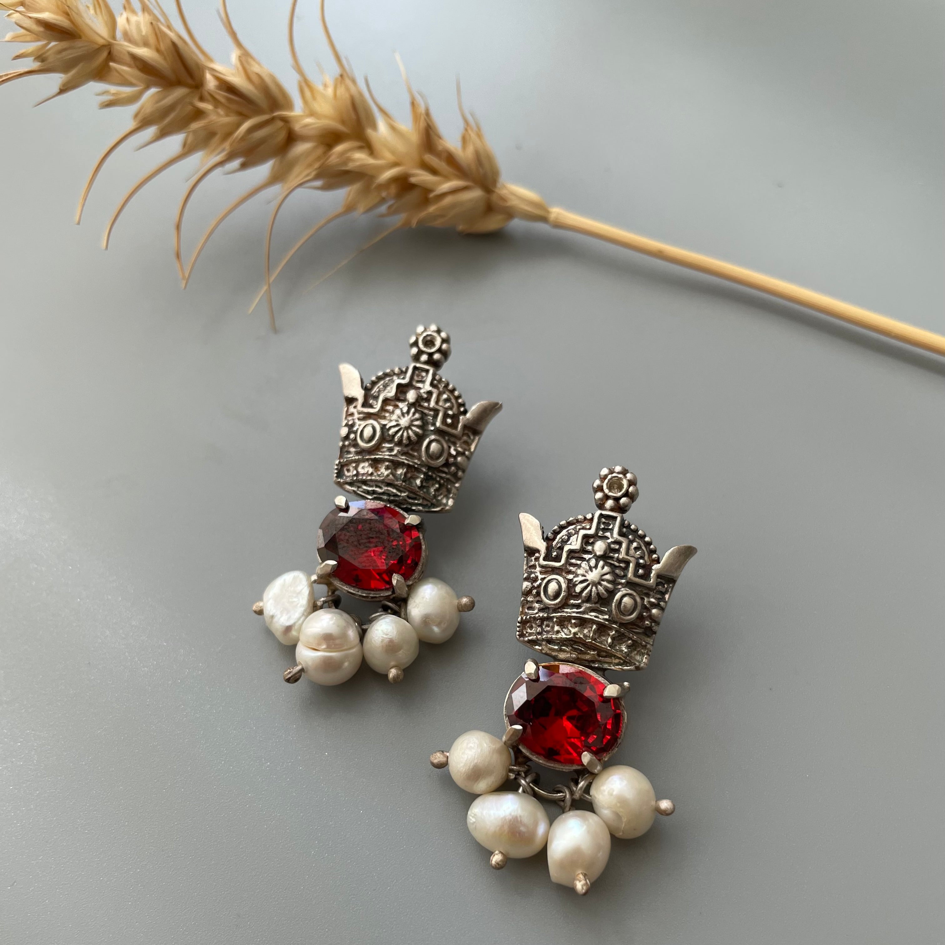 Persian Earrings-Handmade Silver Crown Earrings With Gemstone:Persian Jewelry-AFRA ART GALLERY