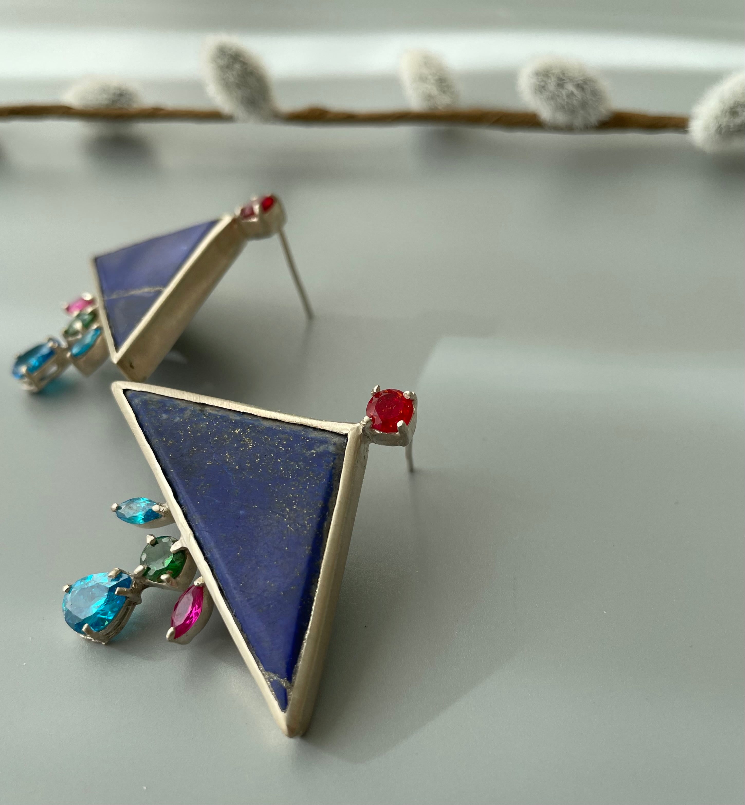 Persian Earrings-Handmade Silver Earrings with Colorful Gemstone:Persian Jewelry-AFRA ART GALLERY