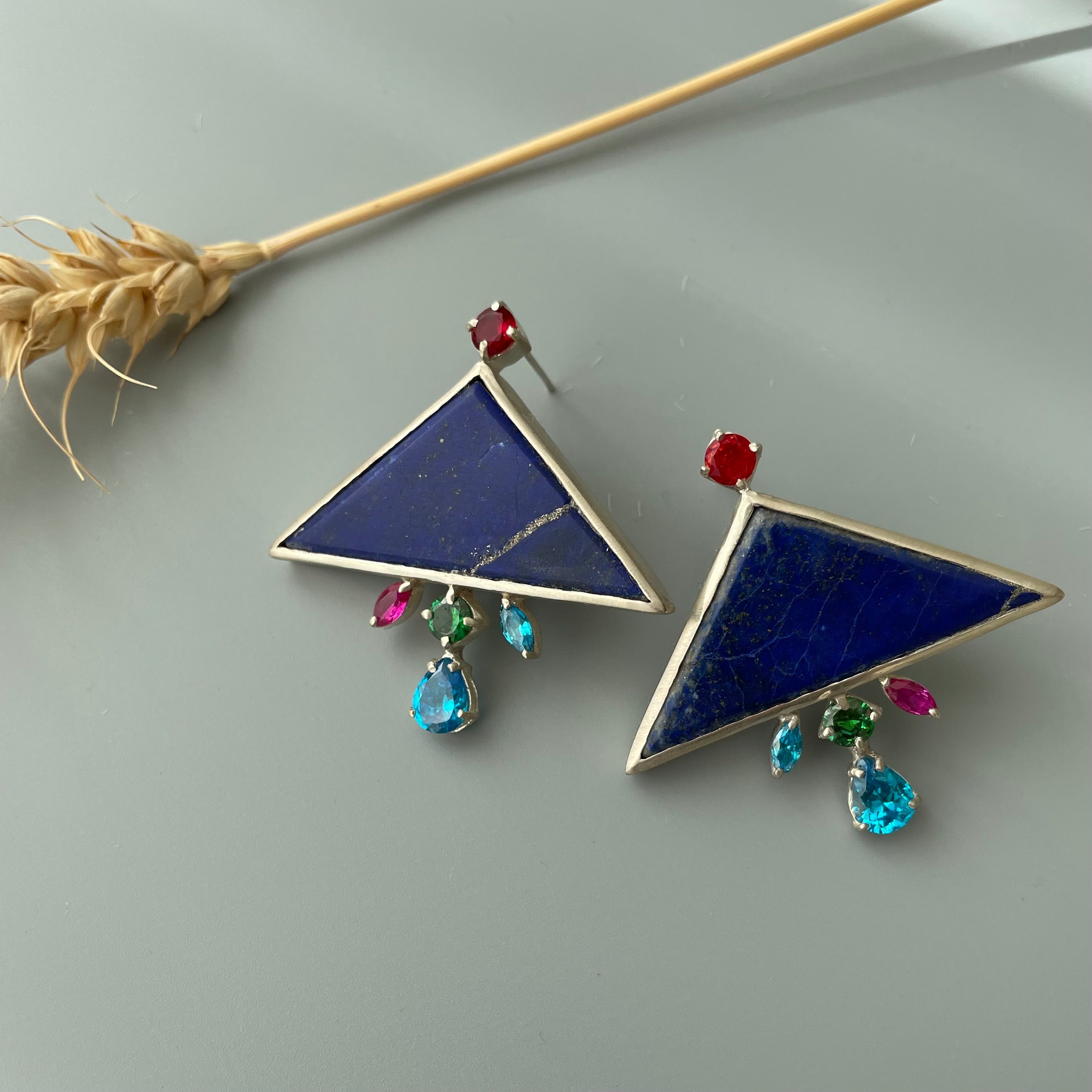 Persian Earrings-Handmade Silver Earrings with Colorful Gemstone:Persian Jewelry-AFRA ART GALLERY