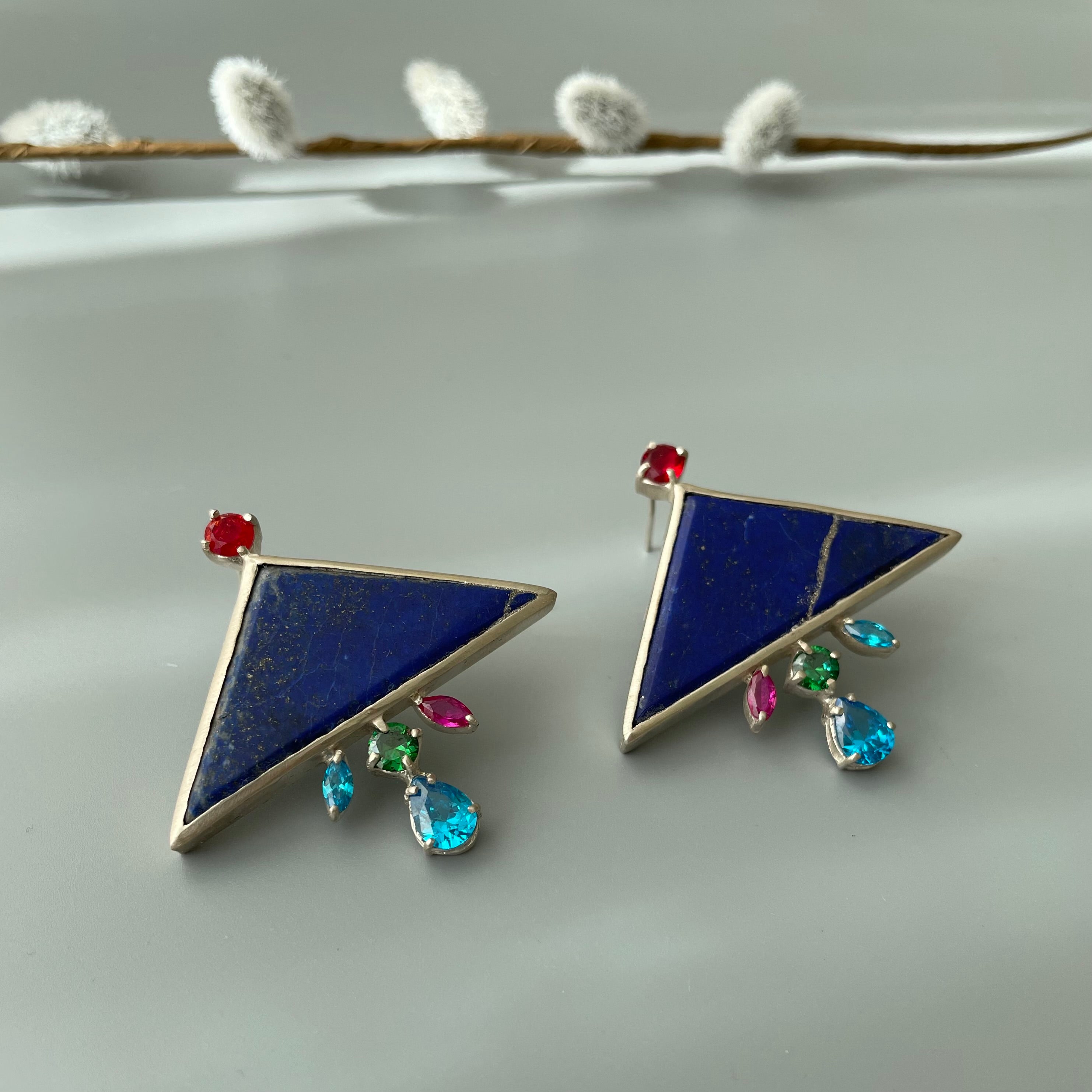 Persian Earrings-Handmade Silver Earrings with Colorful Gemstone:Persian Jewelry-AFRA ART GALLERY