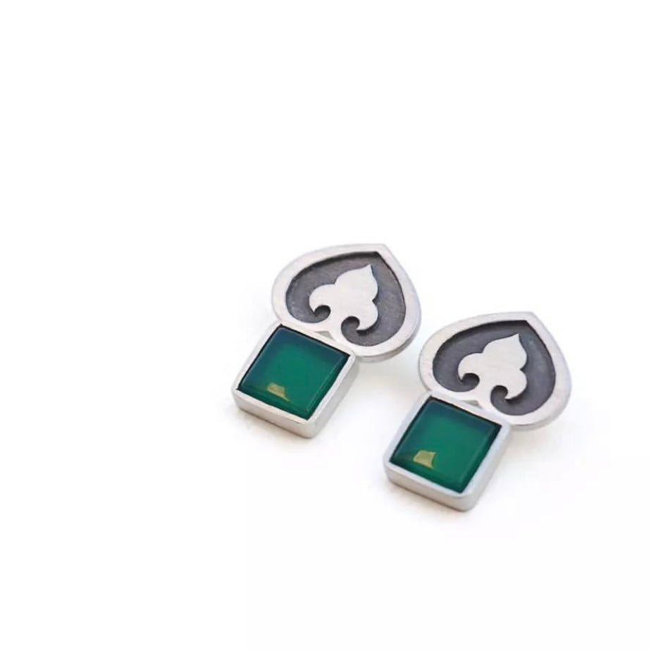Persian EarringsHandmade Silver Earrings with Green Agate and Persian Motif:Persian Jewelry-AFRA ART GALLERY