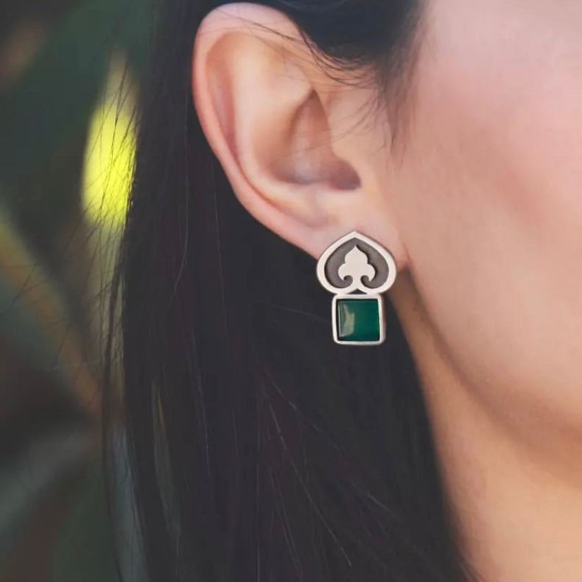 Persian EarringsHandmade Silver Earrings with Green Agate and Persian Motif:Persian Jewelry-AFRA ART GALLERY