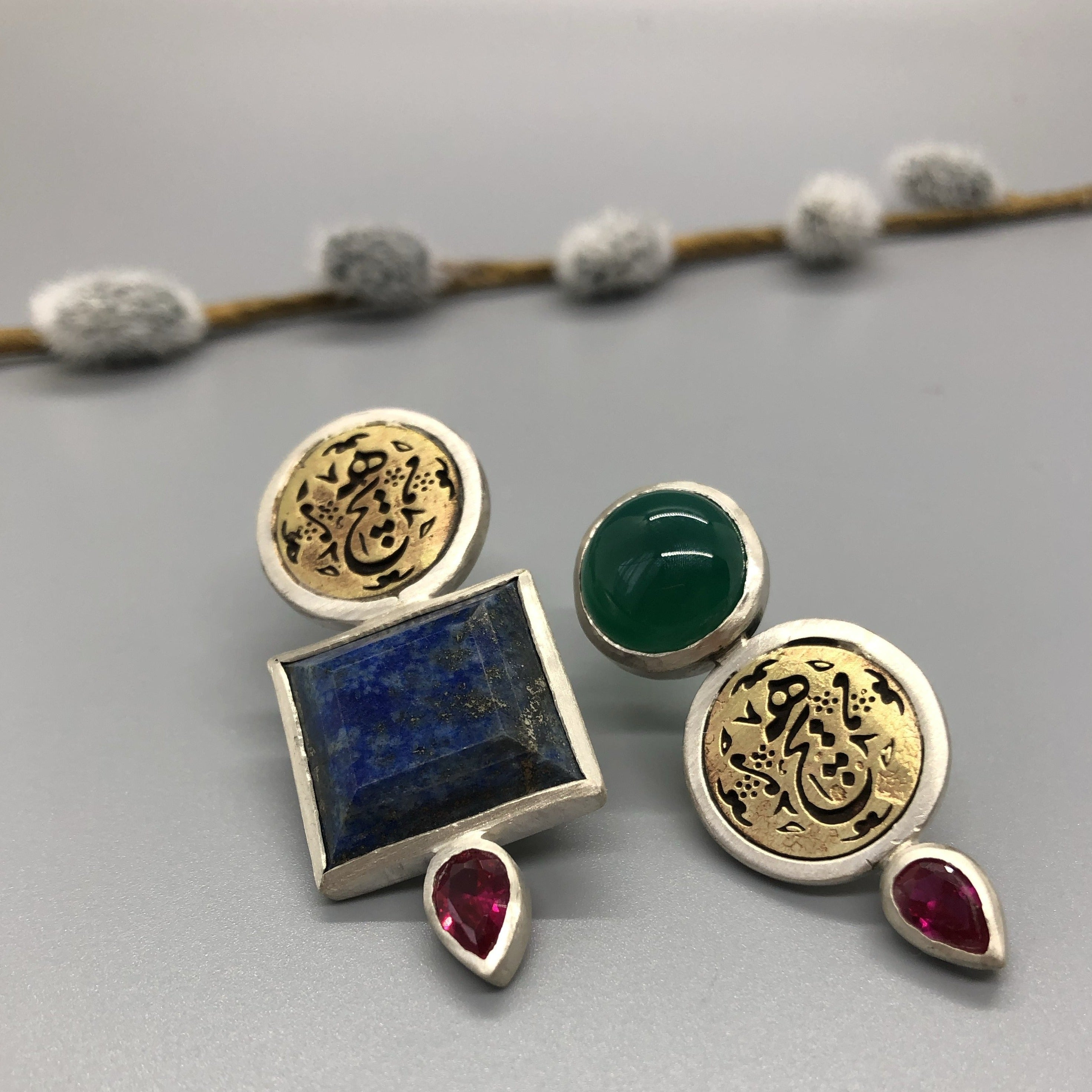 Persian Calligraphy Jewelry-Handmade Silver Earrings with Persian Calligraphy and Colorful Gemstone: Persian Jewelry-AFRA ART GALLERY
