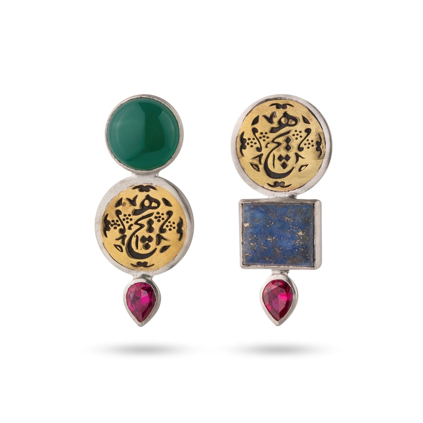Persian Calligraphy Jewelry-Handmade Silver Earrings with Persian Calligraphy and Colorful Gemstone: Persian Jewelry-AFRA ART GALLERY