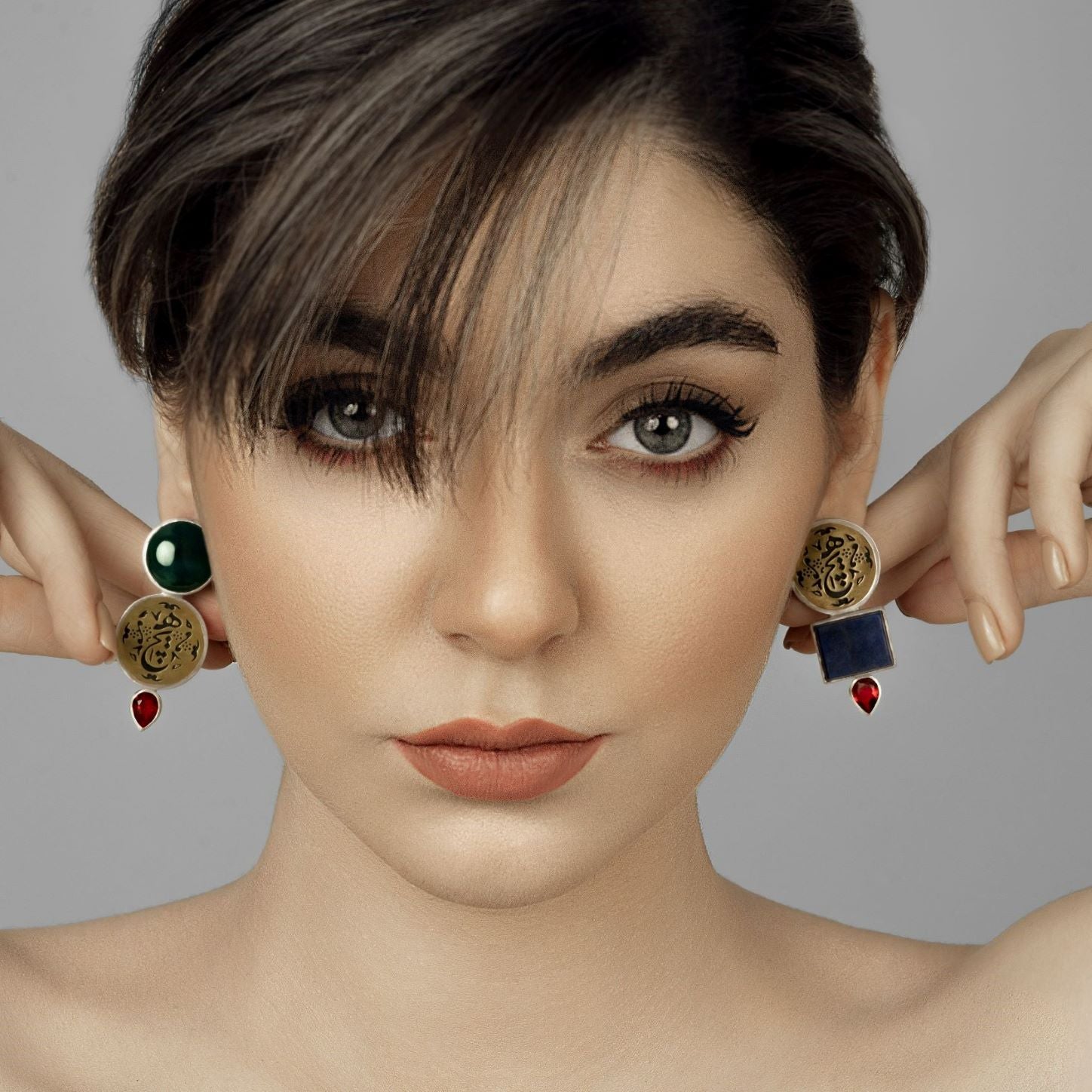 Persian Calligraphy Jewelry-Handmade Silver Earrings with Persian Calligraphy and Colorful Gemstone: Persian Jewelry-AFRA ART GALLERY
