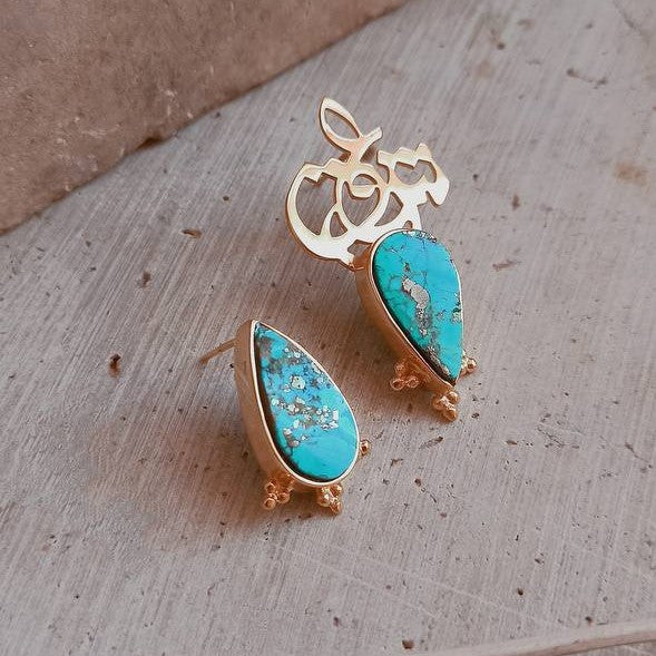 Persian Turquoise Jewelry-Handmade Silver Earrings with Persian Calligraphy and Natural Turquoise: Persian Jewelry-AFRA ART GALLERY