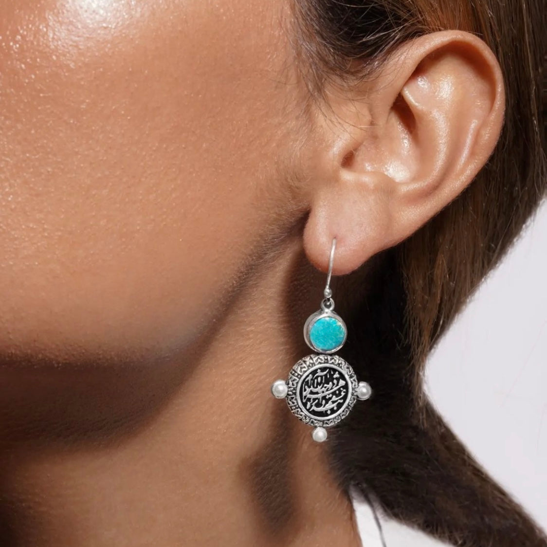 Persian Turquoise Jewelry-Handmade Silver Earrings with Persian Calligraphy and Turquoise: Persian Jewelry-AFRA ART GALLERY