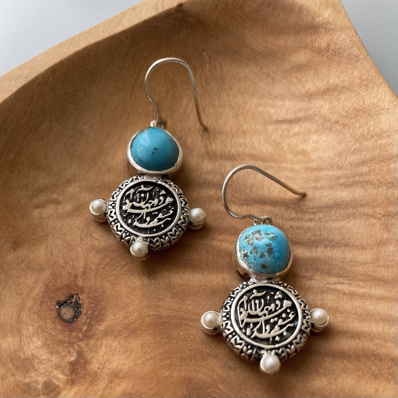 Persian Earrings-Handmade Silver Earrings with Persian Calligraphy and Turquoise: Persian Jewelry-AFRA ART GALLERY