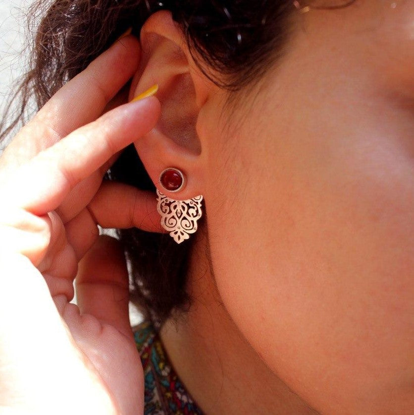 Persian Earrings-Handmade Silver Earrings with Persian Eslimi Pattern and Agate-: Persian Jewelry-Afra Art Gallery