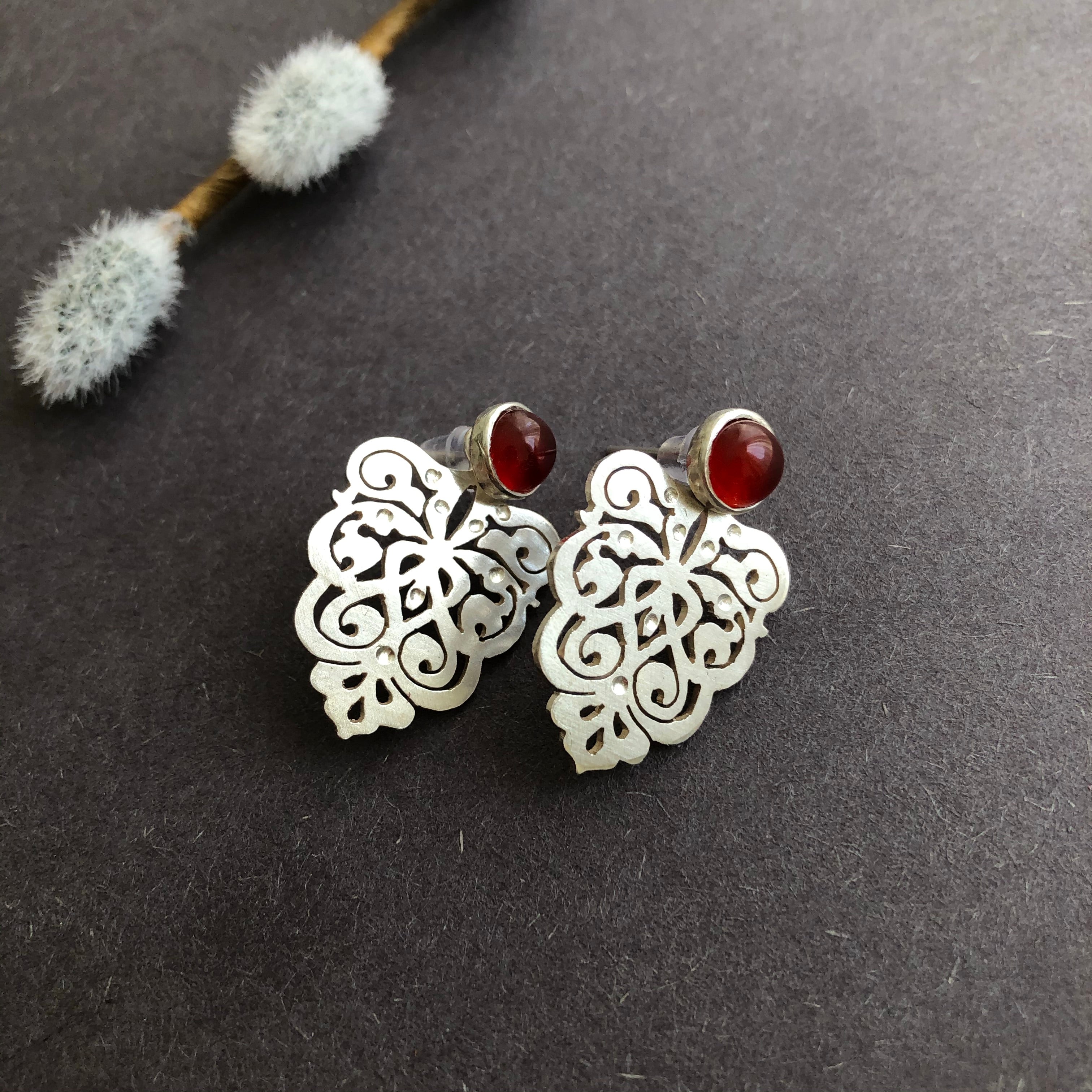 Persian Earrings-Handmade Silver Earrings with Persian Eslimi Pattern and Agate-: Persian Jewelry-Afra Art Gallery