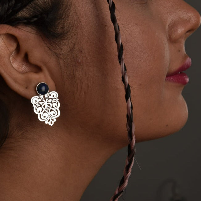 Persian Earrings-Handmade Silver Earrings with Persian Eslimi Pattern and Lazuli:Persian Jewelry-AFRA ART GALLERY