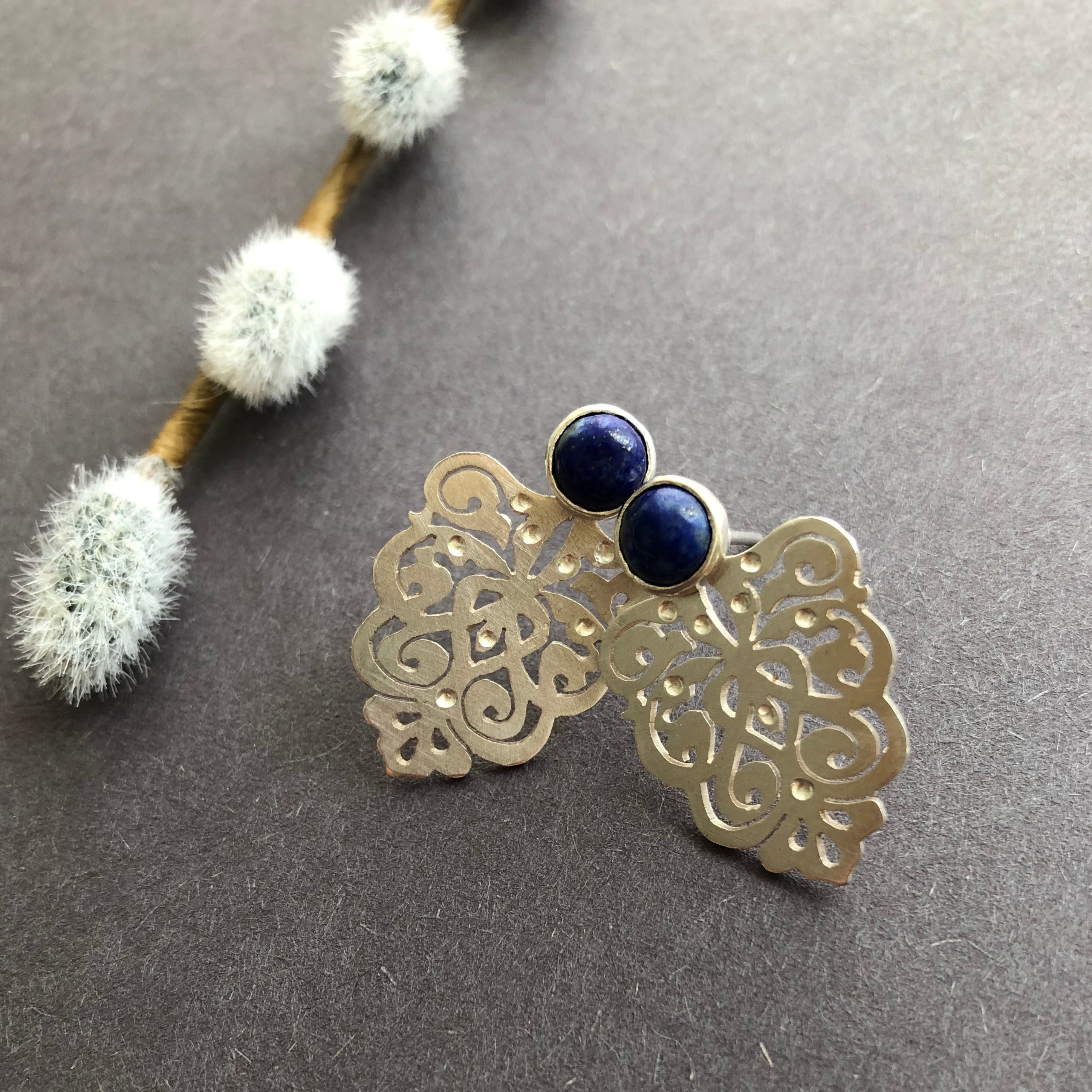 Persian Earrings-Handmade Silver Earrings with Persian Eslimi Pattern and lazuli-: Persian jewelry-Afra Art Gallery