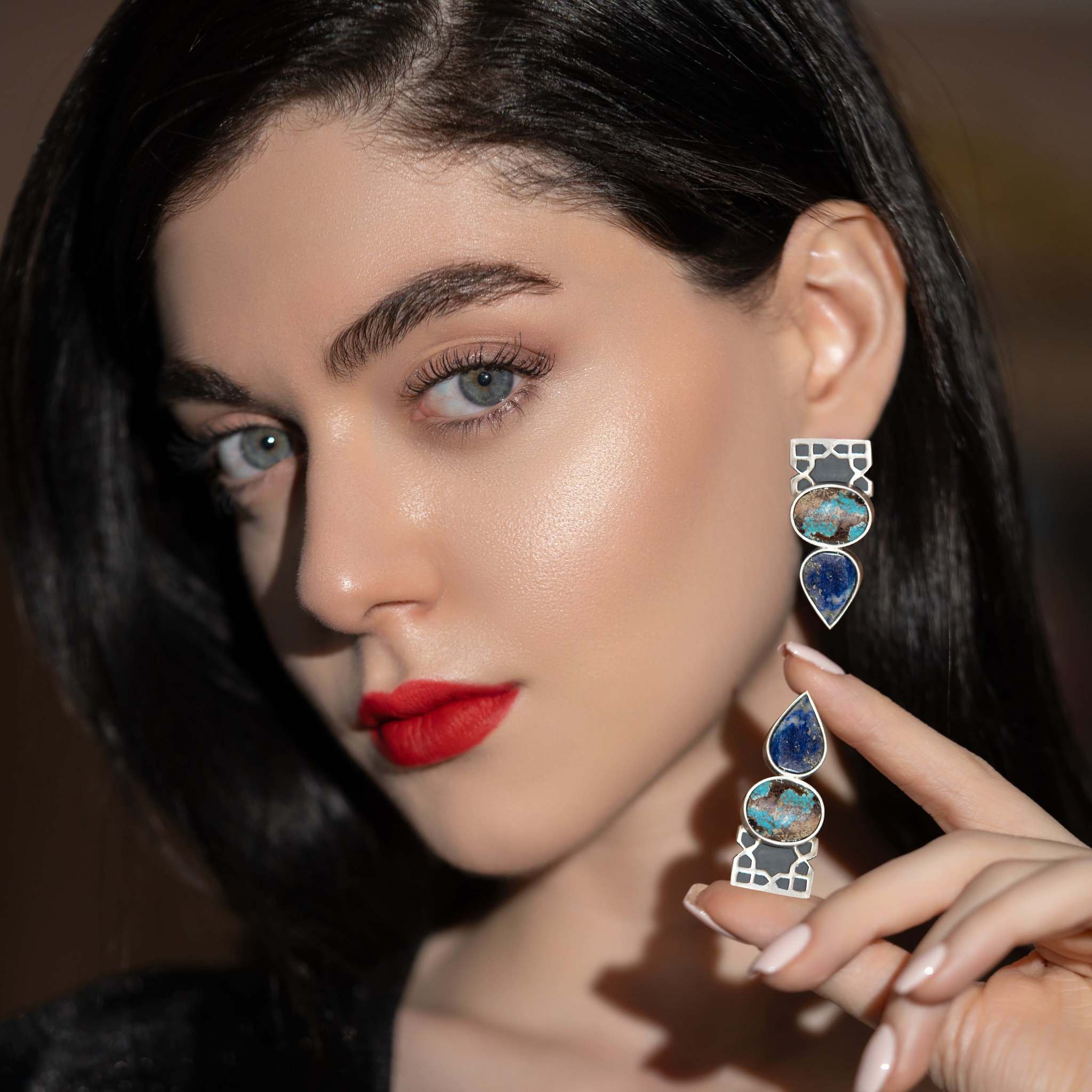 Persian Turquoise Jewelry-Handmade Silver Earrings with Persian Eslimi Pattern and Natural Turquoise: Persian Jewelry-AFRA ART GALLERY