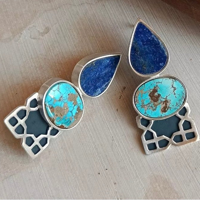 Persian Turquoise Jewelry-Handmade Silver Earrings with Persian Eslimi Pattern and Natural Turquoise: Persian Jewelry-AFRA ART GALLERY
