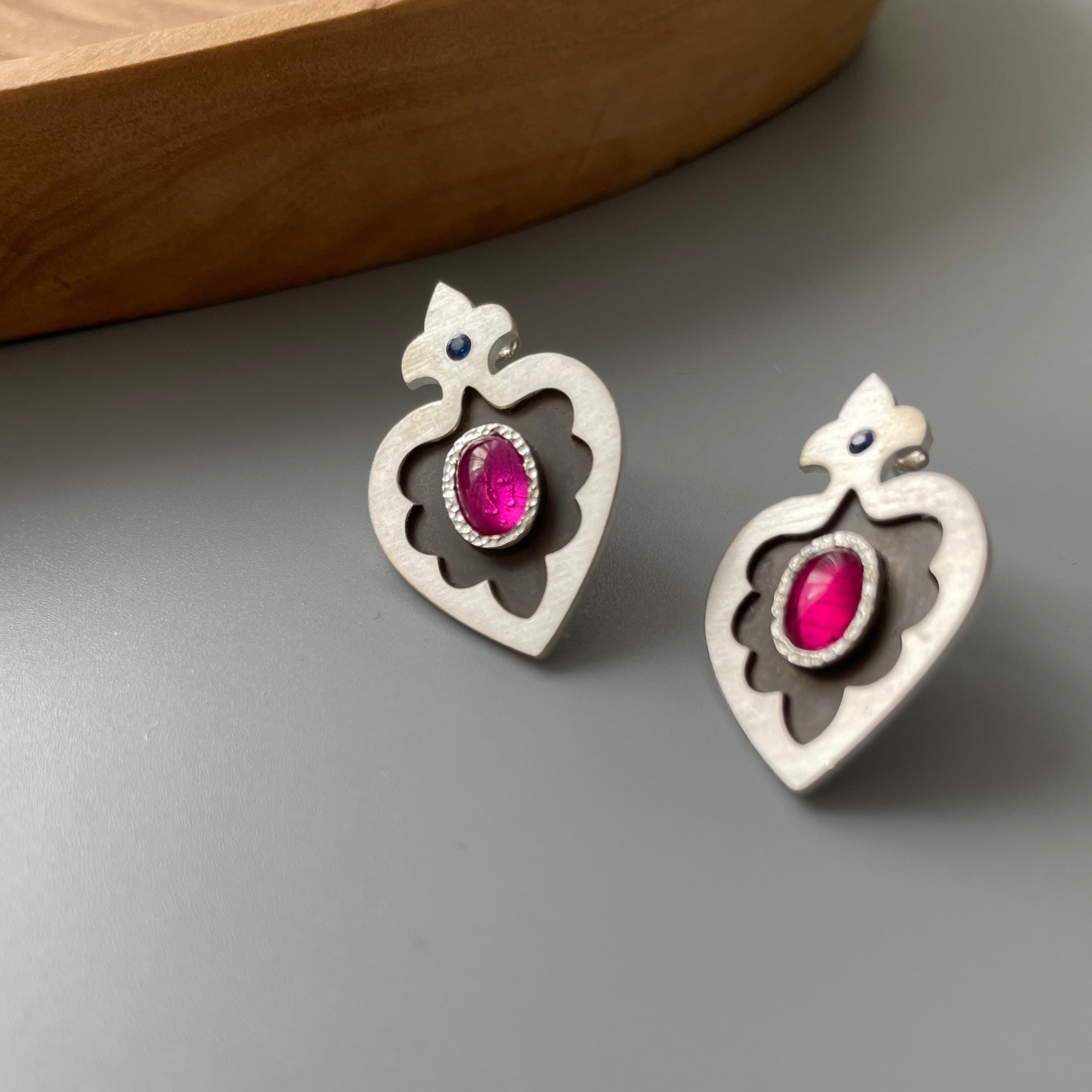 Persian Earrings-Handmade Silver Earrings with Persian Pattern and Red Gemstone:Persian Jewelry-AFRA ART GALLERY