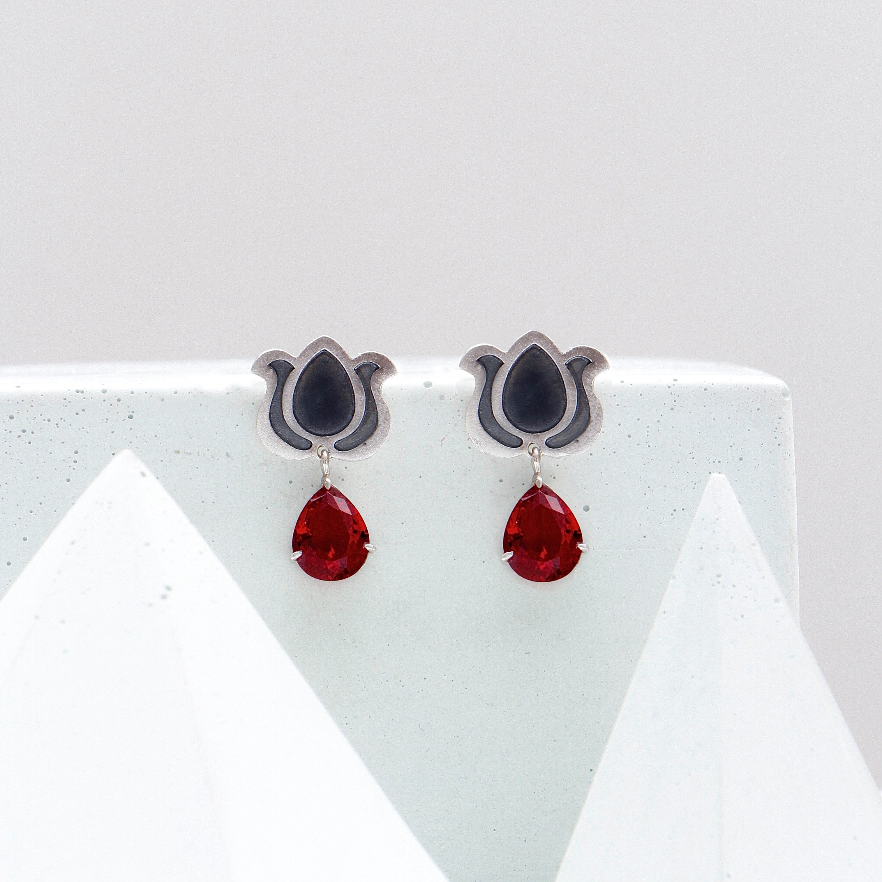 Persian Earrings-Handmade Silver Earrings with Persian Shiny Red crystal:Persian Jewelry-AFRA ART GALLERY