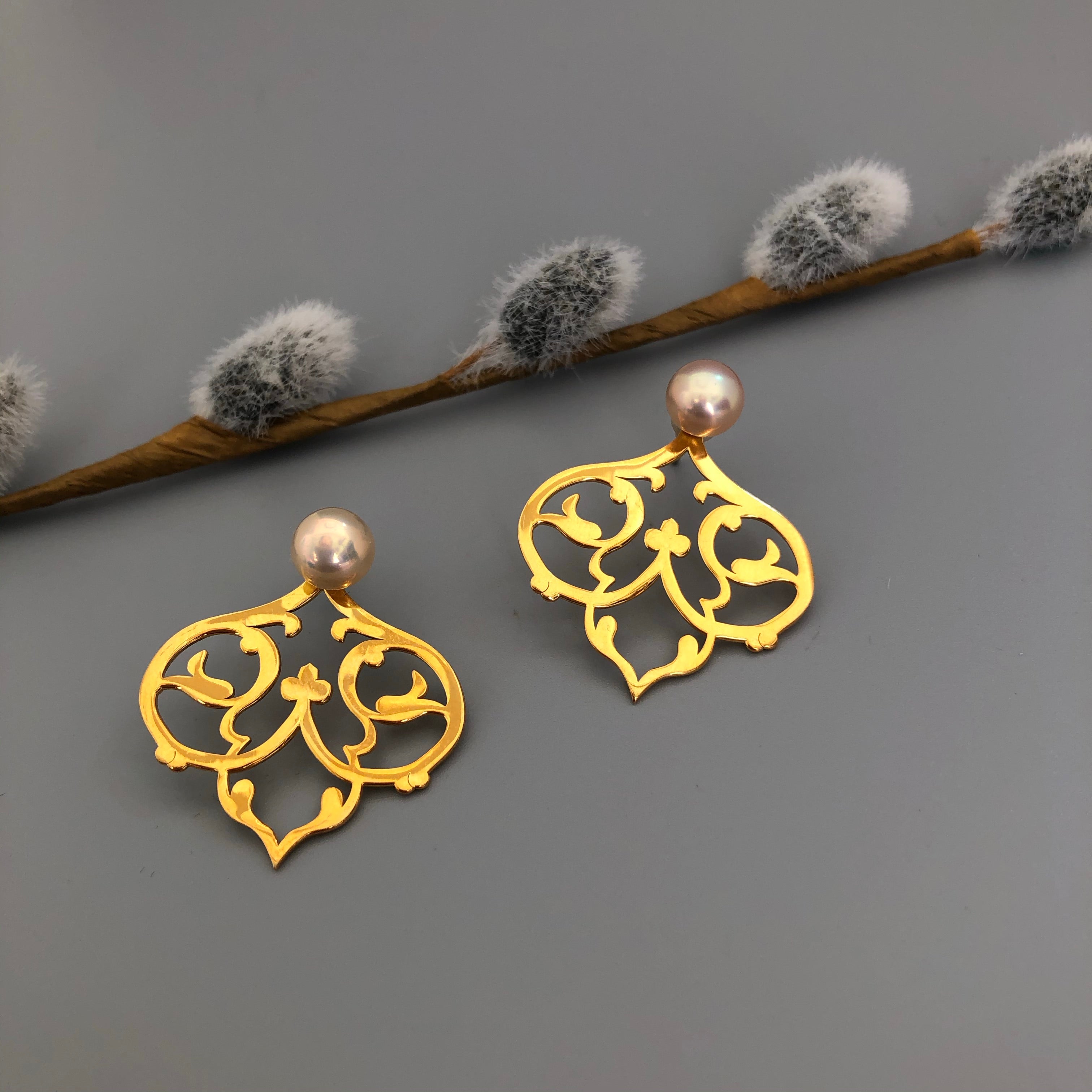 Persian Earrings-Handmade Silver Flower shaped Earrings with Pearl:Persian Jewelry-Afra Art Gallery