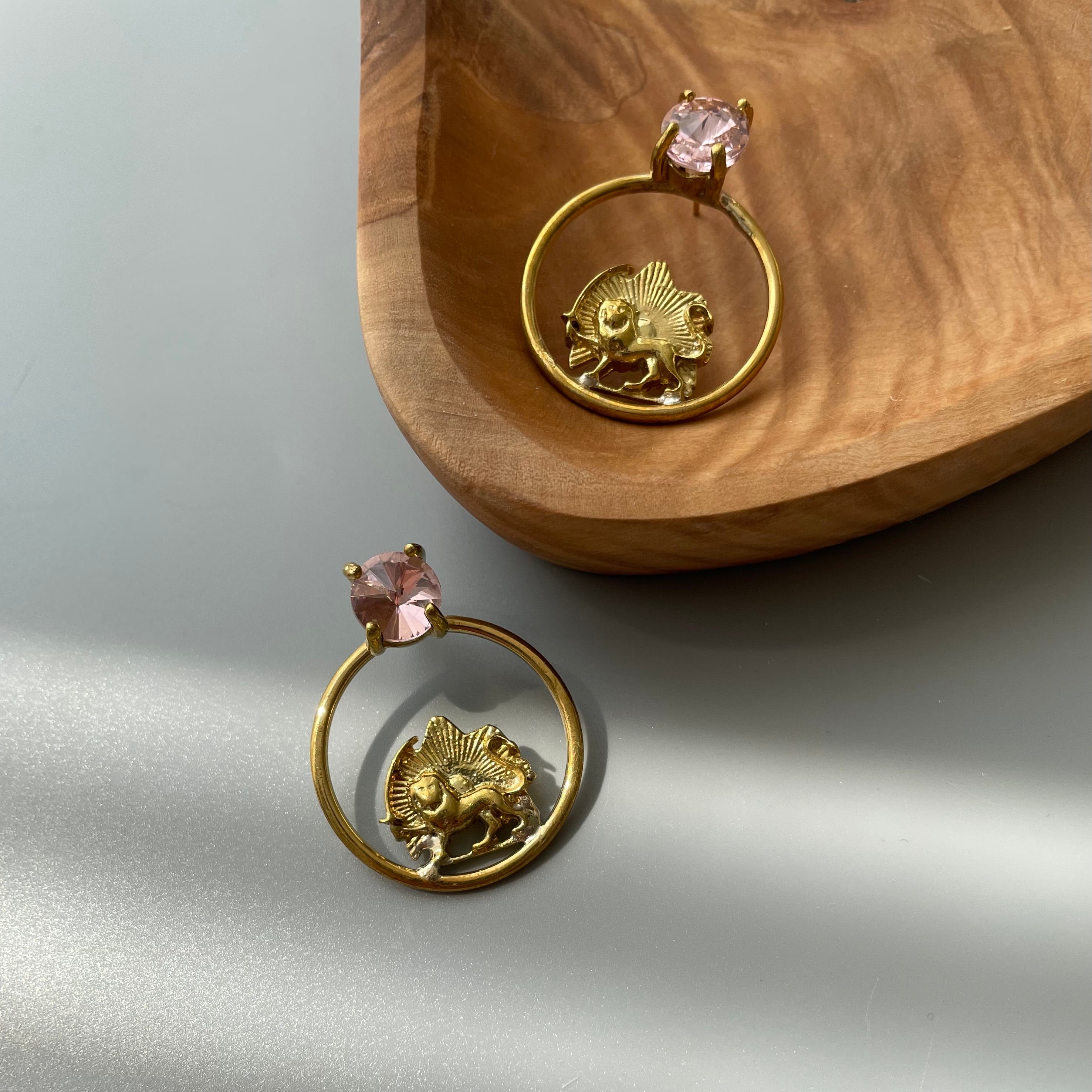 Persian Earrings-Lion and Sun Set with Pink Crystal:Persian Jewelry-AFRA ART GALLERY