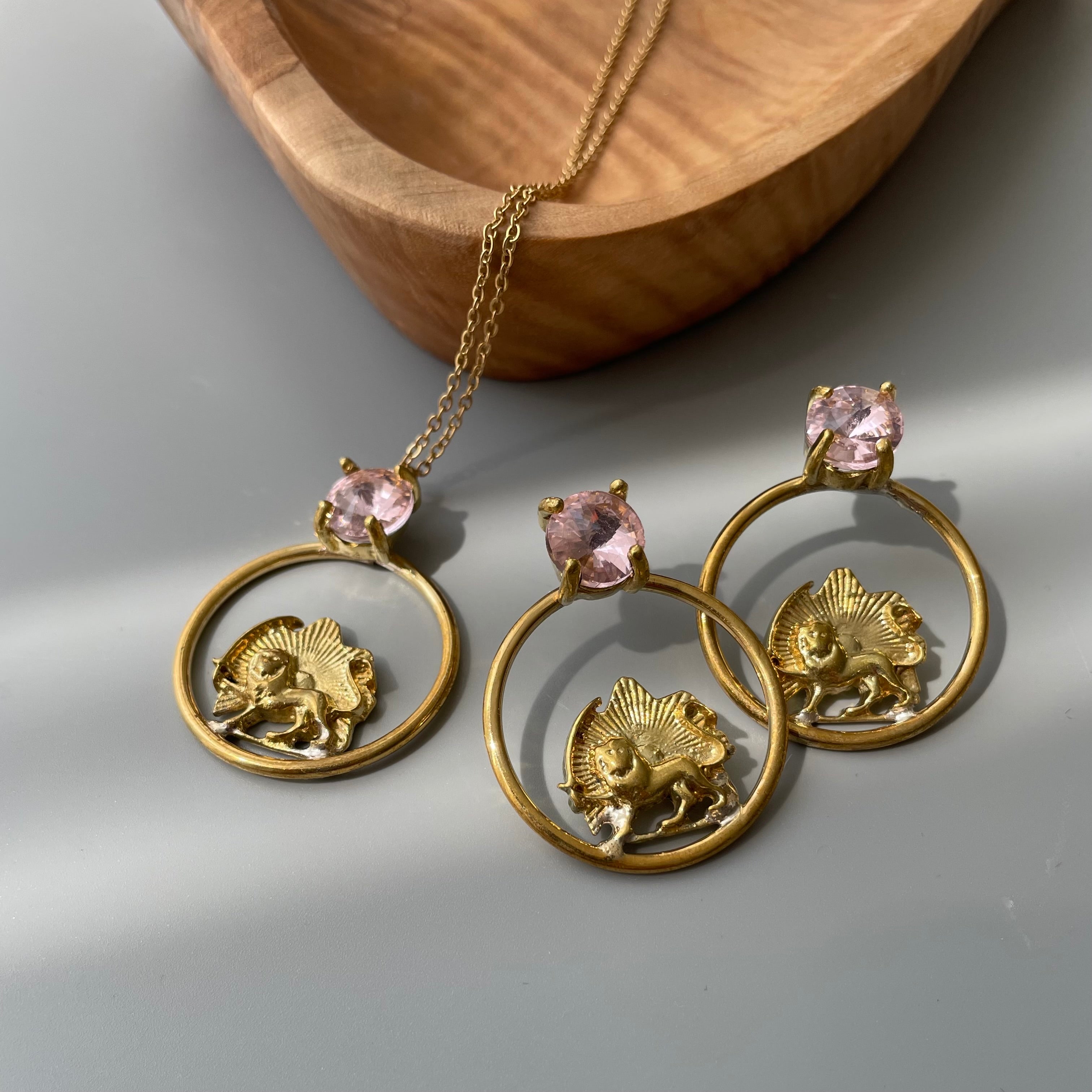 Persian Earrings-Lion and Sun Set with Pink Crystal:Persian Jewelry-AFRA ART GALLERY