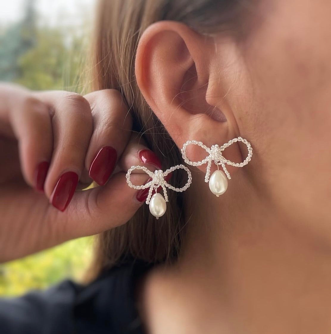 Persian Earrings-Minimal Bow Silver Stud Earrings with Pearl:Persian Jewelry-AFRA ART GALLERY