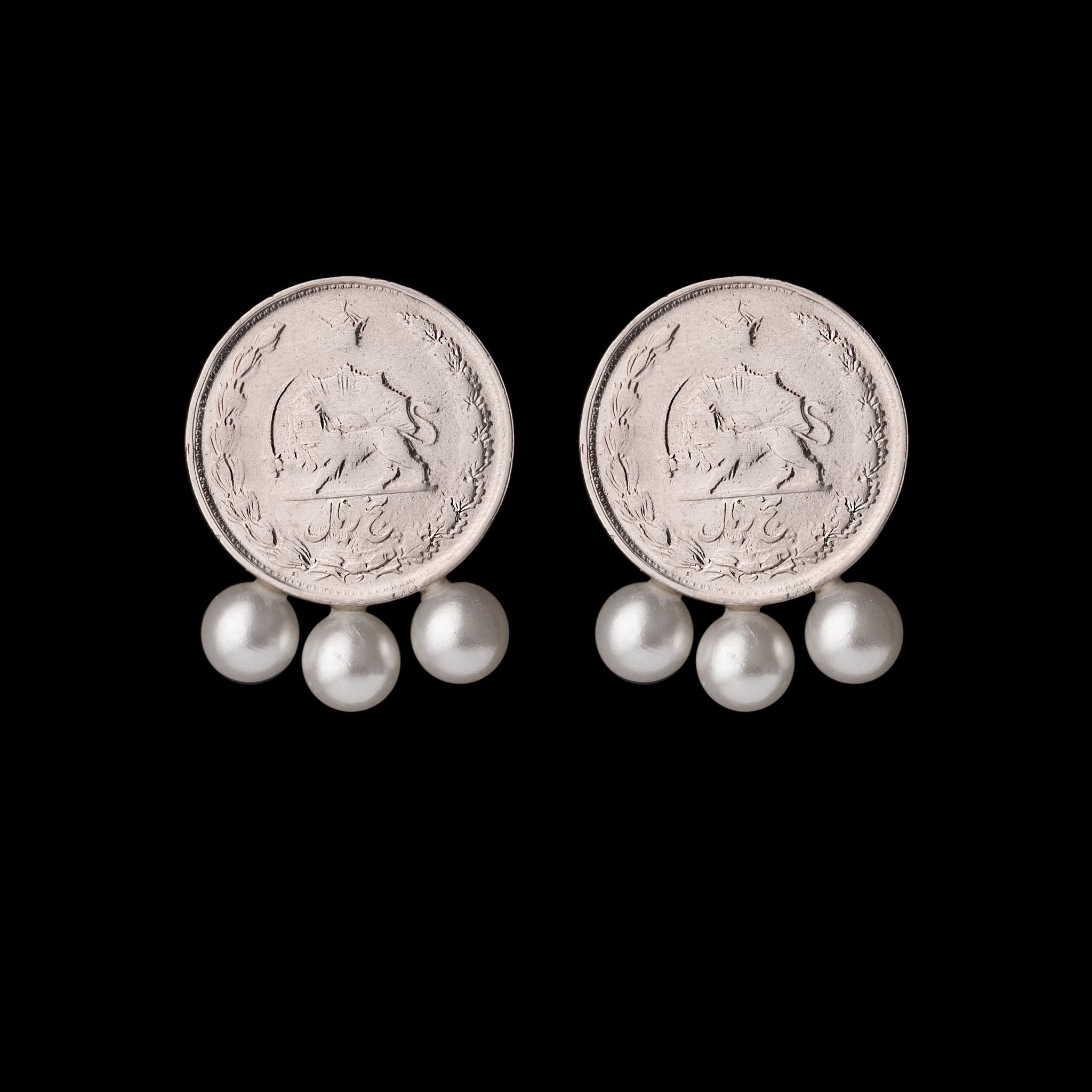Persian Earrings-Pahlavi Coin Earrings and Pearls:Persian Jewelry-AFRA ART GALLERY
