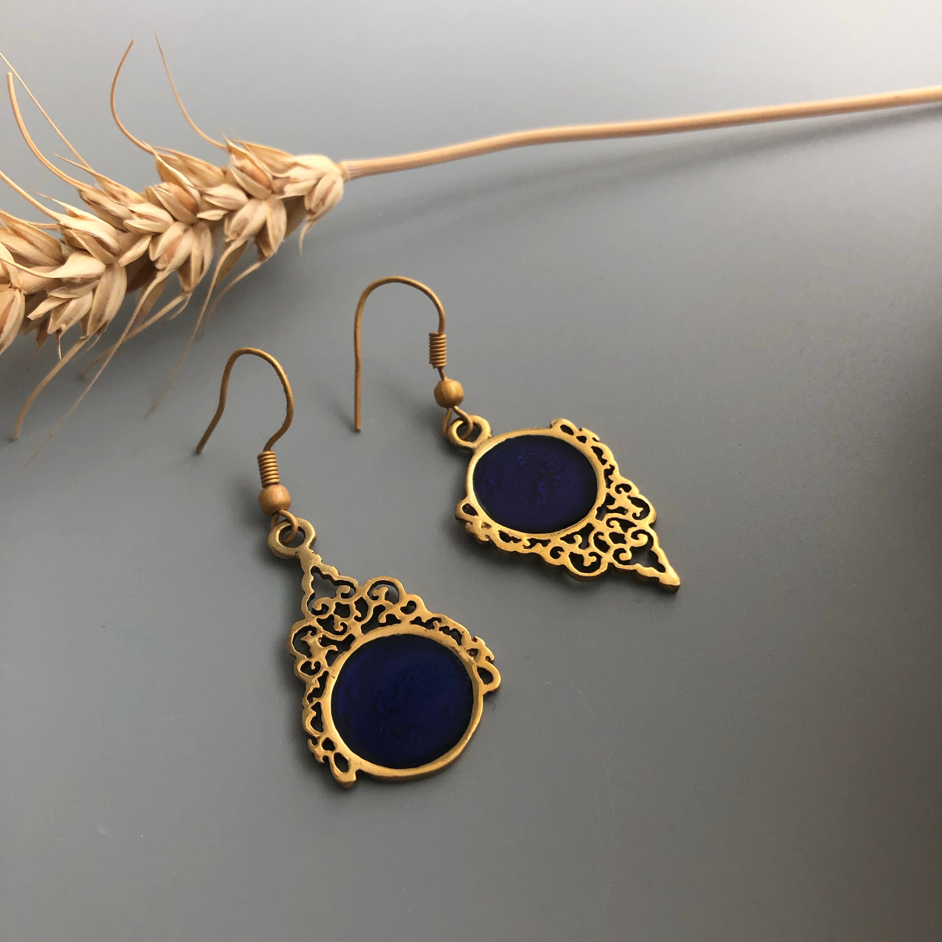 Persian Earrings-Persian Brass Earrings with Enamel in Dark Blue:Persian Jewelry-AFRA ART GALLERY