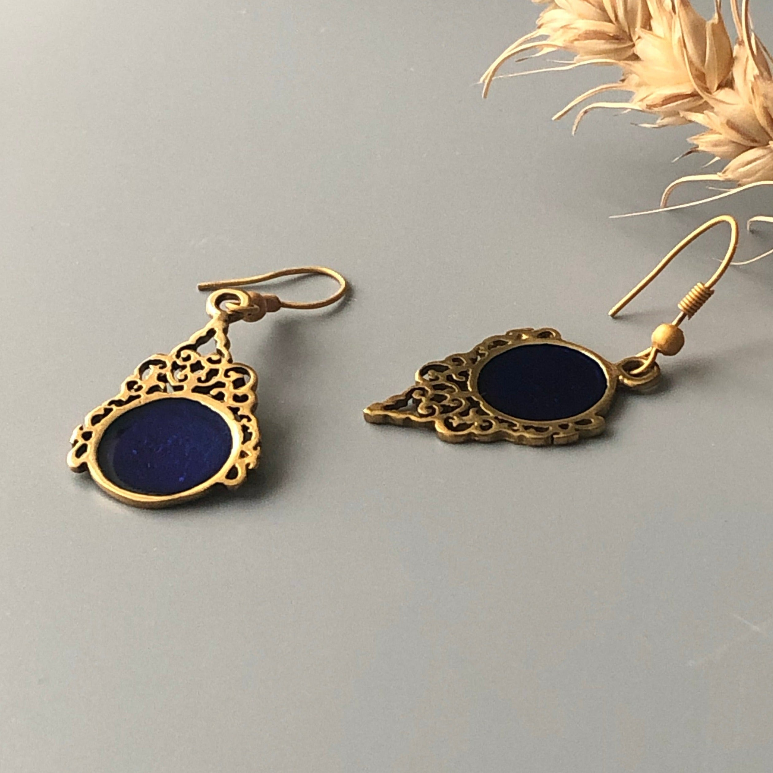 Persian Earrings-Persian Brass Earrings with Enamel in Dark Blue:Persian Jewelry-AFRA ART GALLERY