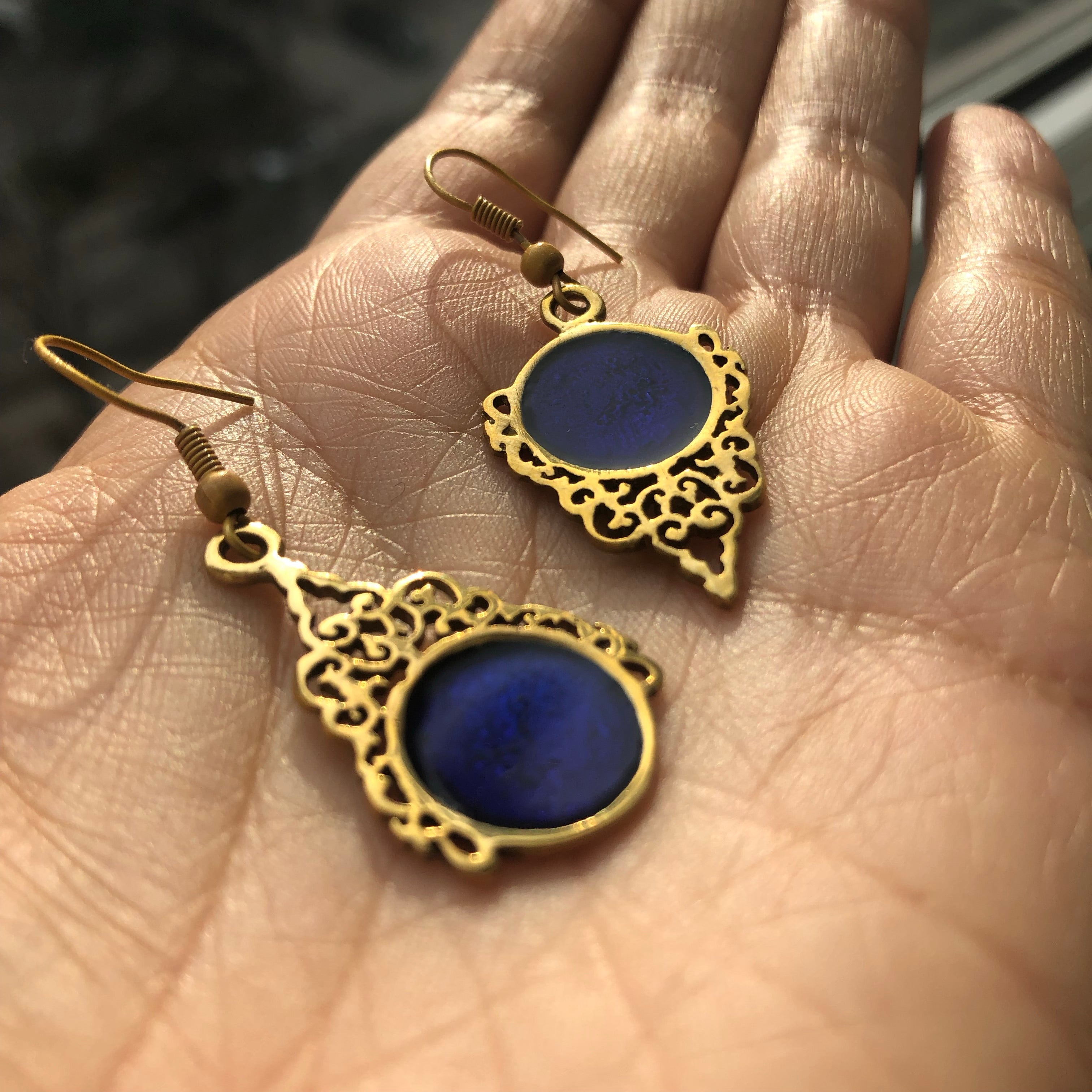 Persian Earrings-Persian Brass Earrings with Enamel in Dark Blue:Persian Jewelry-AFRA ART GALLERY