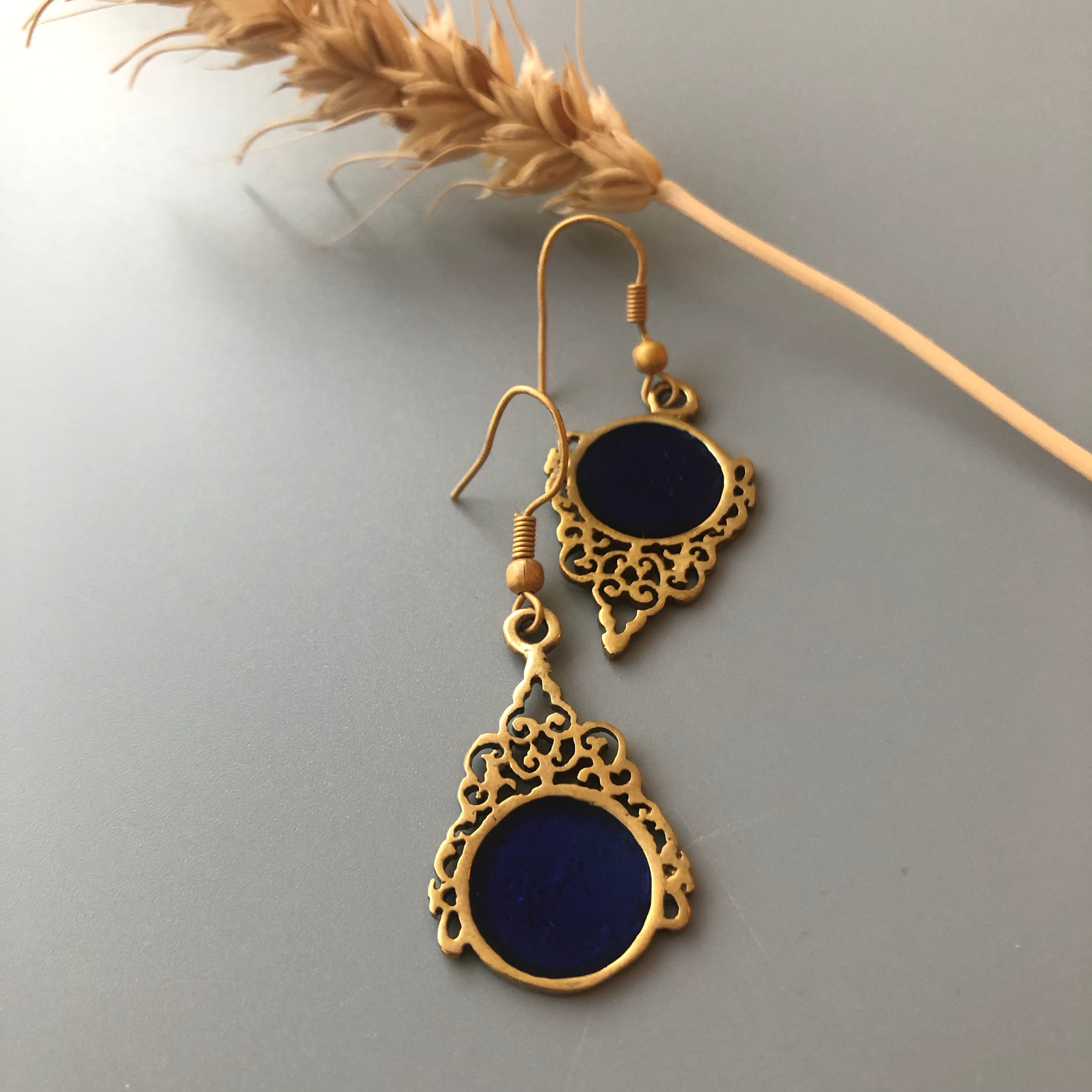 Persian Earrings-Persian Brass Earrings with Enamel in Dark Blue:Persian Jewelry-AFRA ART GALLERY