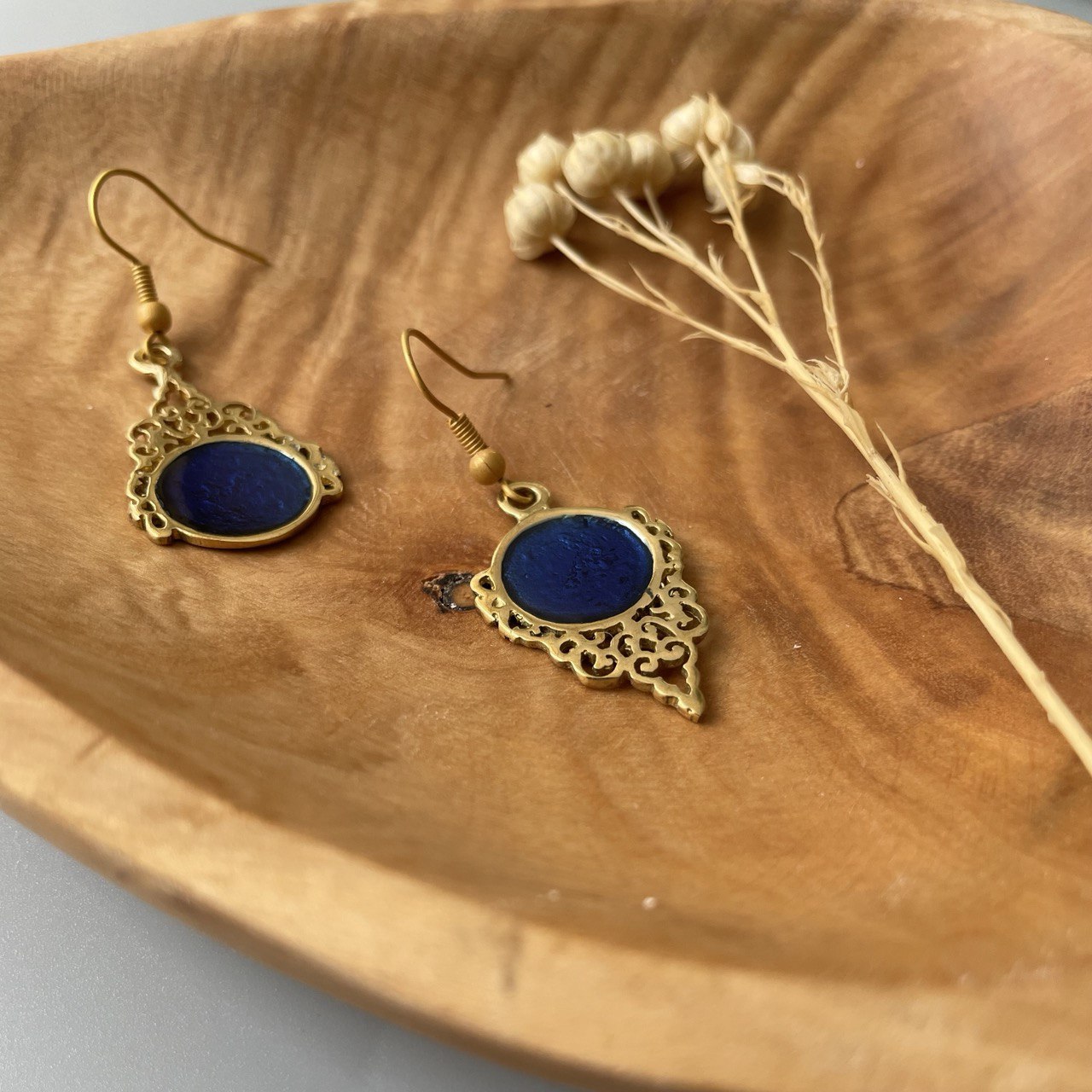 Persian Earrings-Persian Brass Earrings with Enamel in Dark Blue: Persian Jewelry-AFRA ART GALLERY