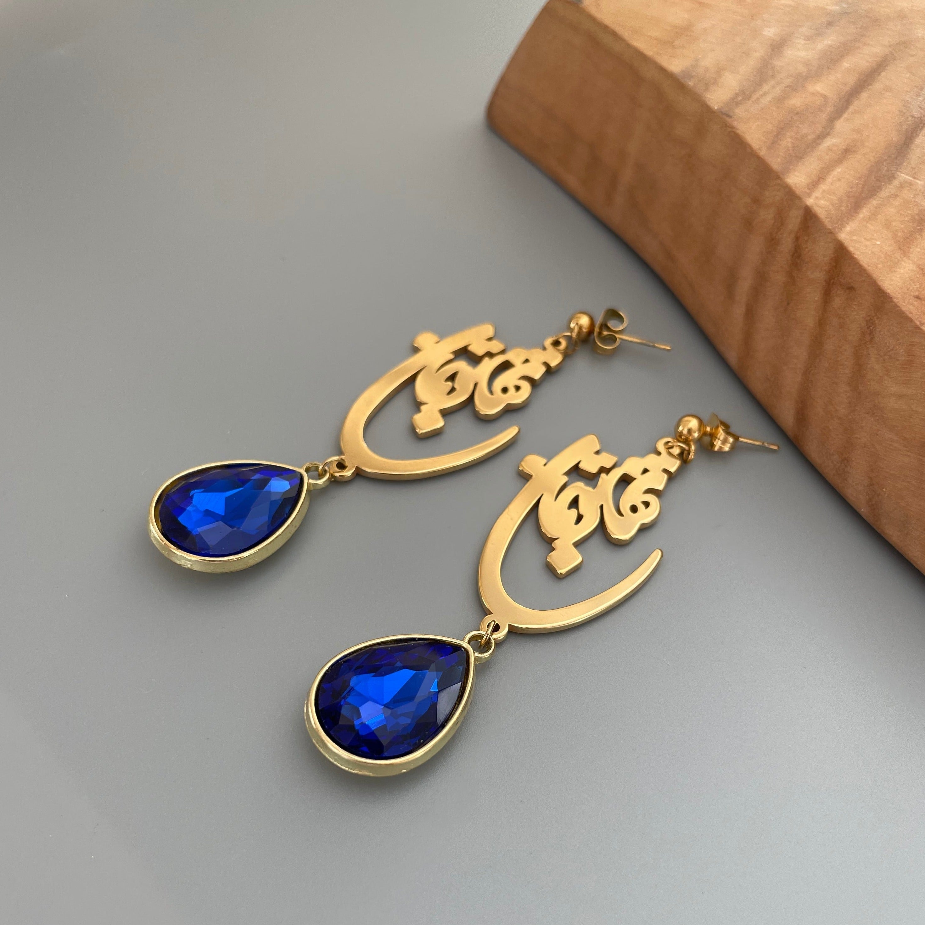 Persian Earrings-Persian Earring with Dark Blue Crystal and Calligraphy:Persian Jewelry-AFRA ART GALLERY
