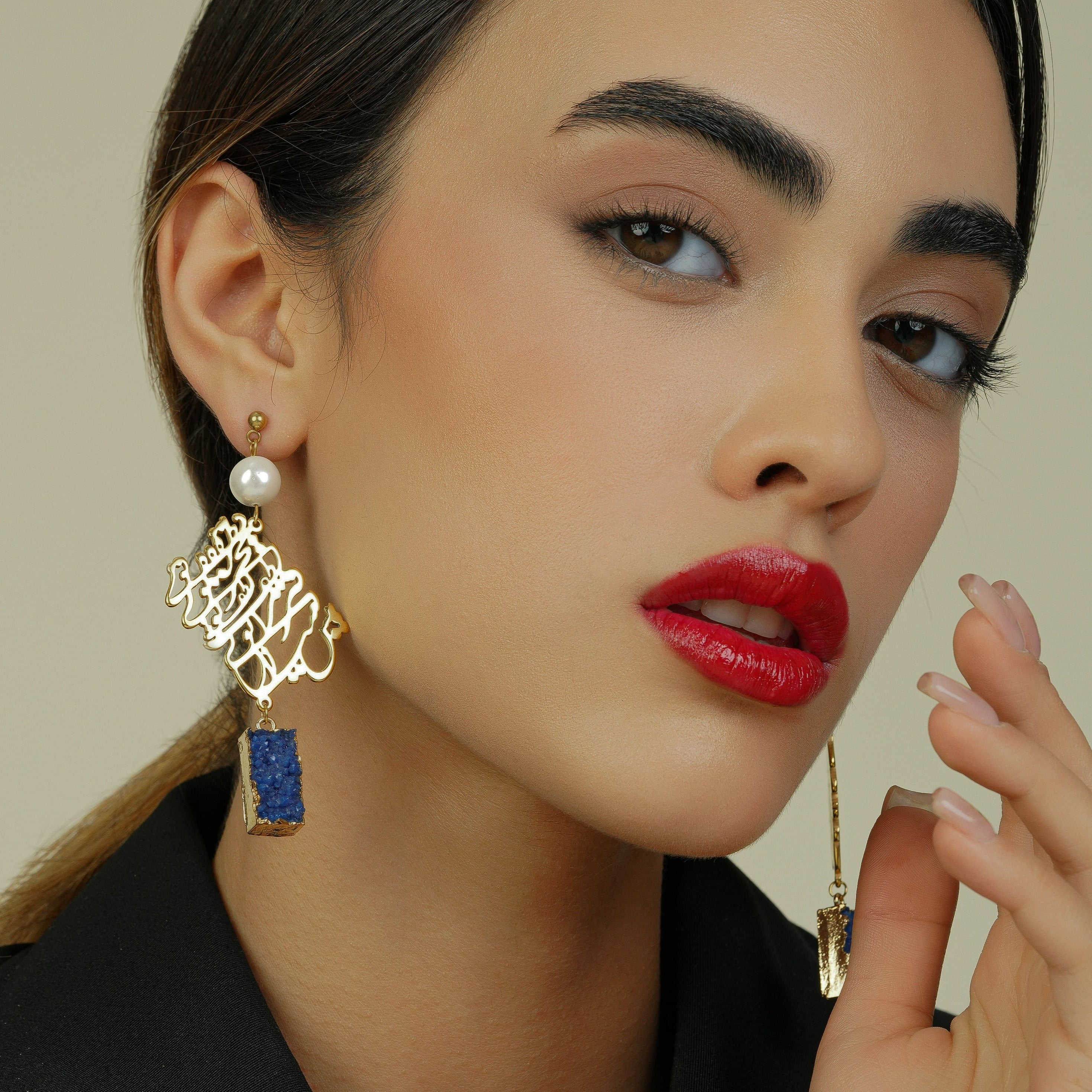 Persian Calligraphy Jewelry-Persian Earring with Druzy Stone and Rumi Poetry: Persian Jewelry-AFRA ART GALLERY