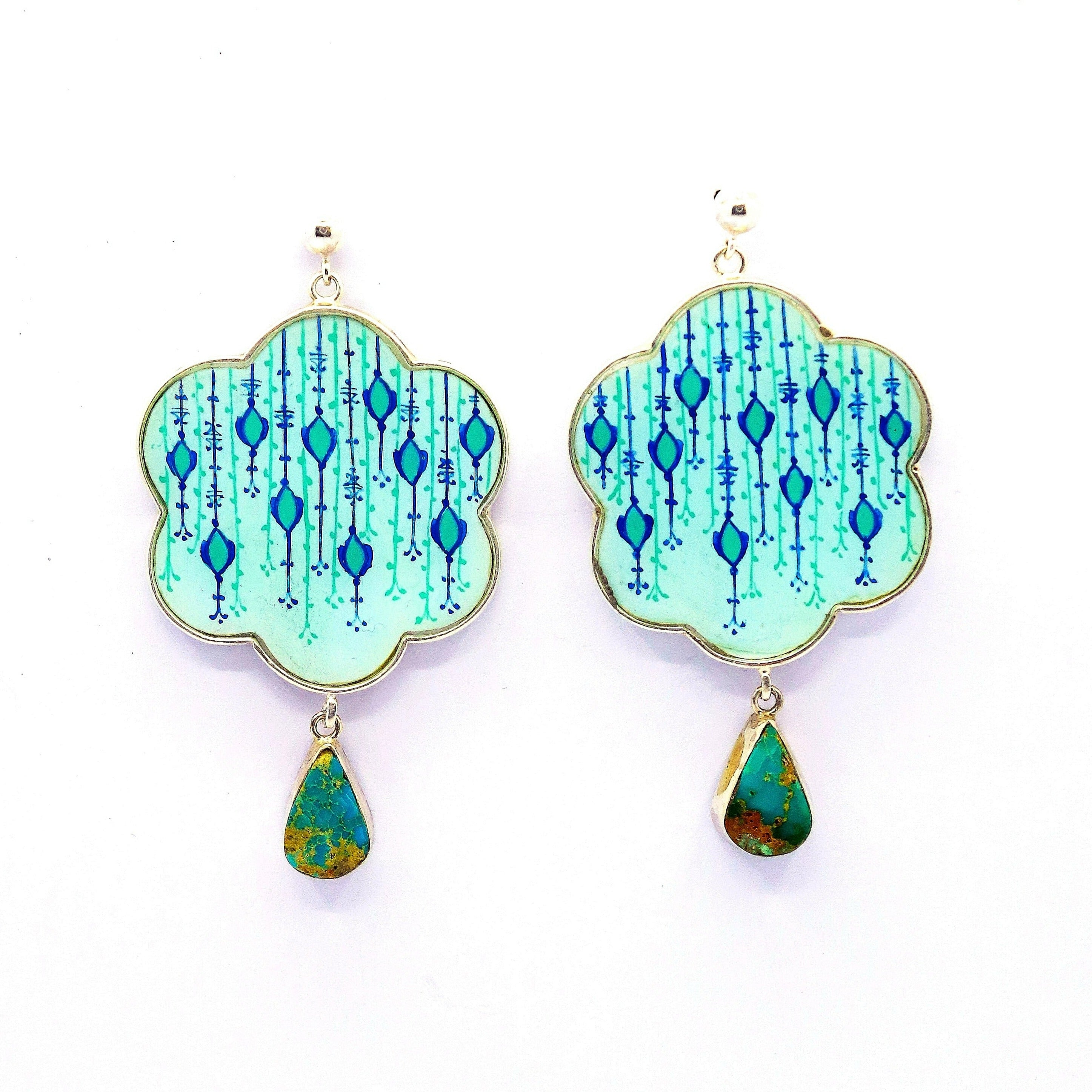 Persian Turquoise Jewelry-Persian Earring with Natural Turquoise and Miniature Hand Painting: Persian Jewelry-AFRA ART GALLERY