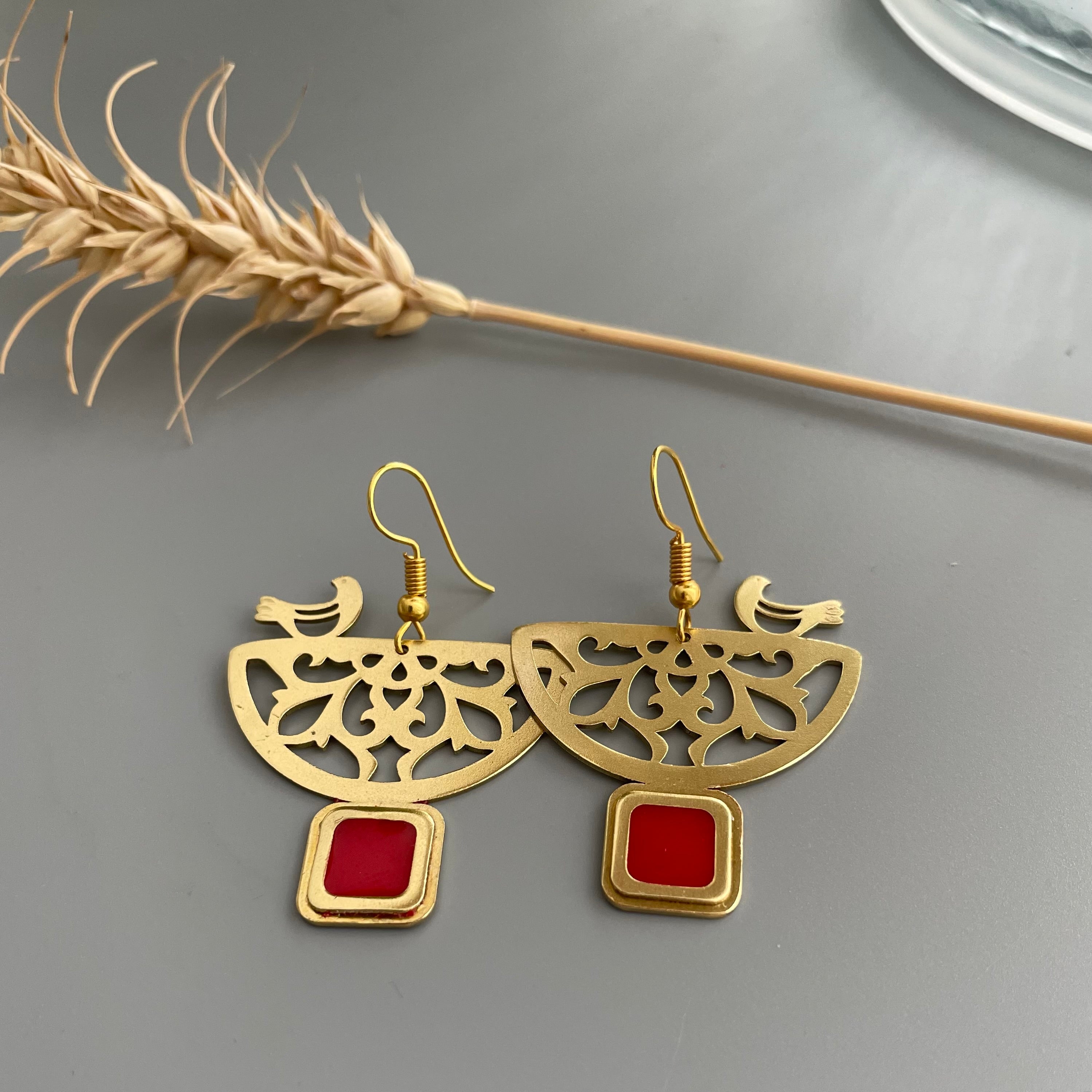 Persian Earrings-Persian Earrings with Bird and Geometric Pattern:Persian Jewelry-AFRA ART GALLERY