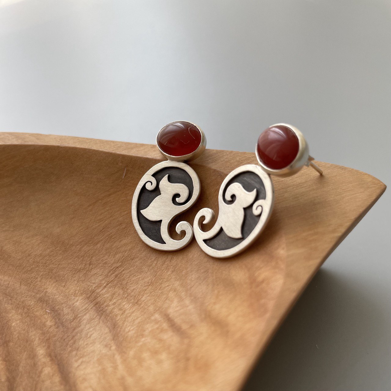 Persian Earrings-Persian Paisley Silver Earrings with Brown Agate: Persian Jewelry-AFRA ART GALLERY