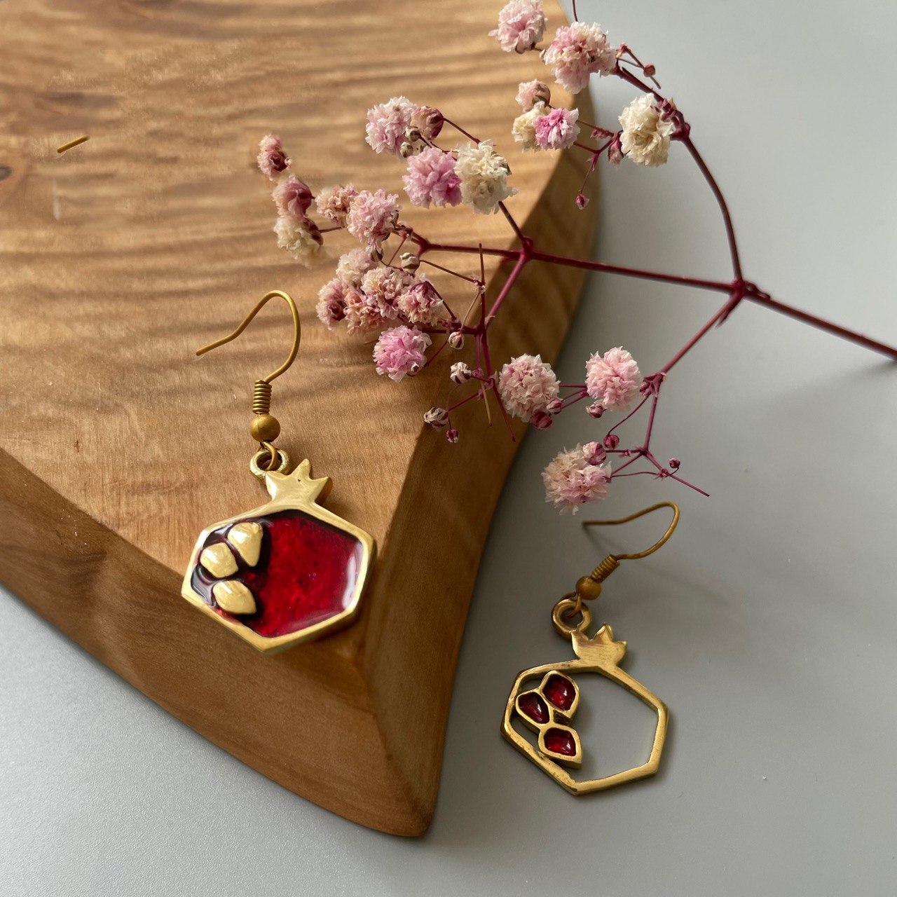 Persian Earrings-Pomegranate Shaped Brass Earrings with Red Enamel: Persian Jewelry-AFRA ART GALLERY