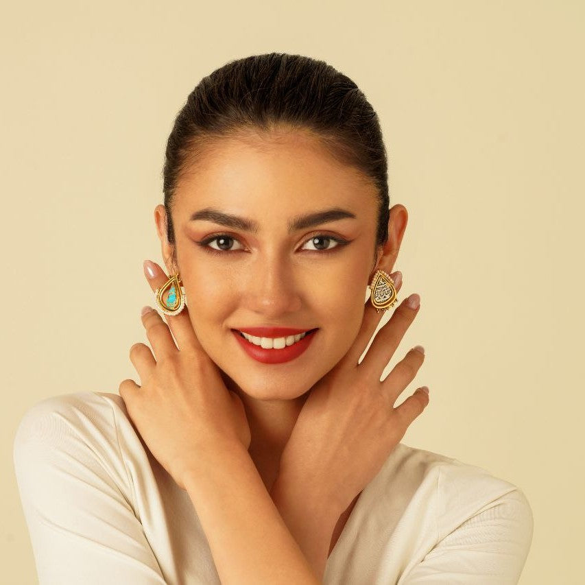 Handmade Asymmetric Silver Earrings with Persian Coin and Turquoise
