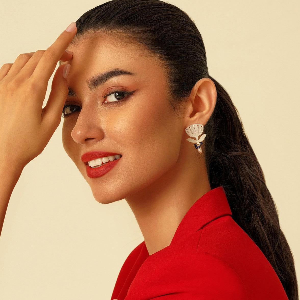 Persian Earrings-Silver Flower Shaped Earrings with Beads:Persian Jewelry -AFRA ART GALLERY