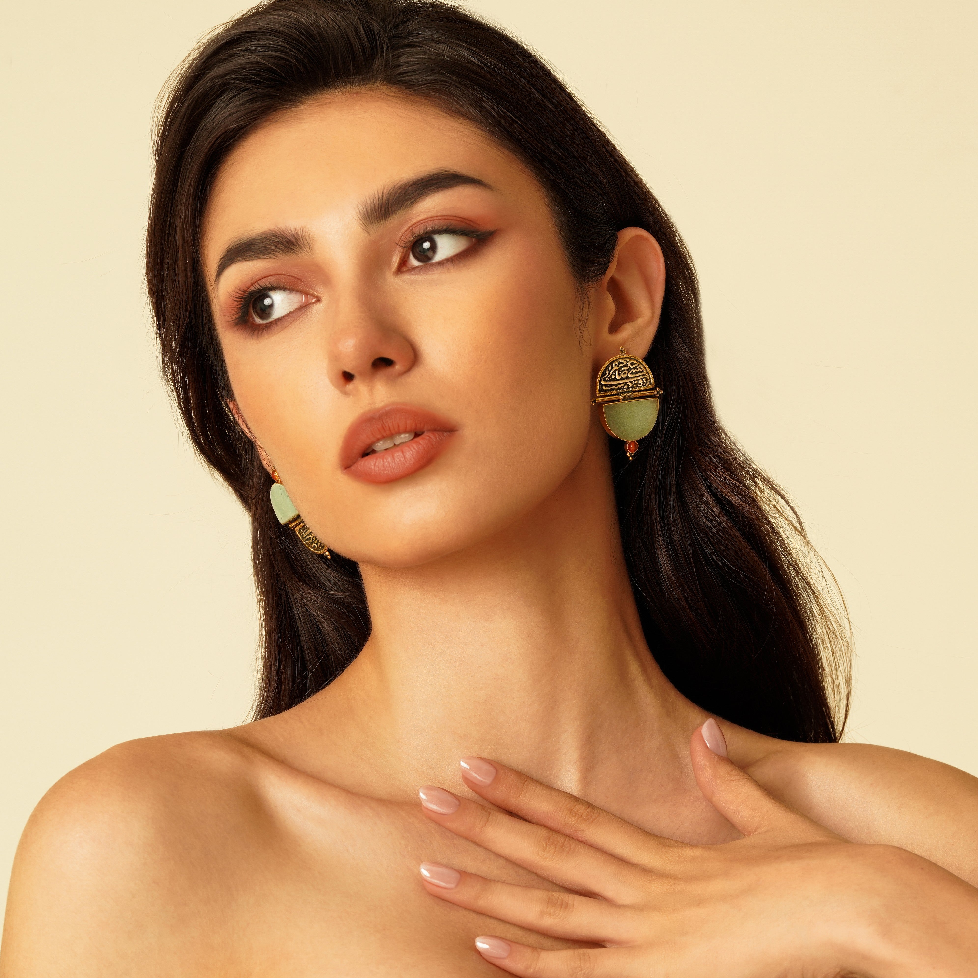 Handmade Silver Earrings with Persian Coin and Green Natural Gemstone
