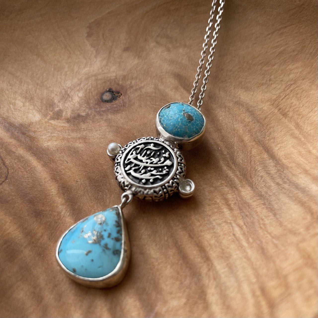 Persian Necklaces-Handmade Silver Necklace with Persian Calligraphy and Turquoise: Persian Jewelry-AFRA ART GALLERY