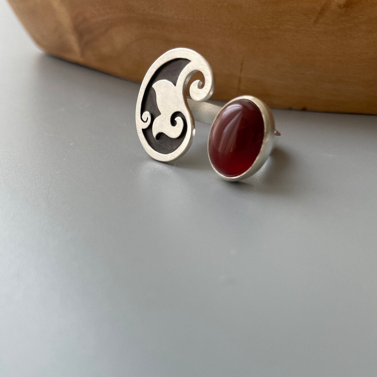 Persian Rings-Persian Paisley Silver Ring with Brown Agate: Persian Jewelry-AFRA ART GALLERY