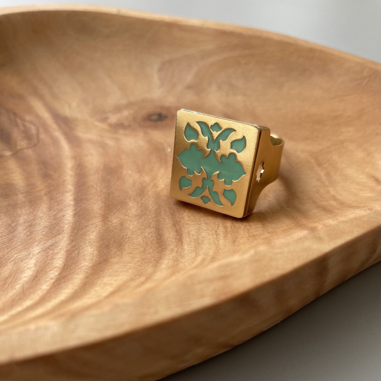 Persian Rings-Persian Brass Square Ring with Turquoise Blue Pattern: Persian Jewelry-AFRA ART GALLERY