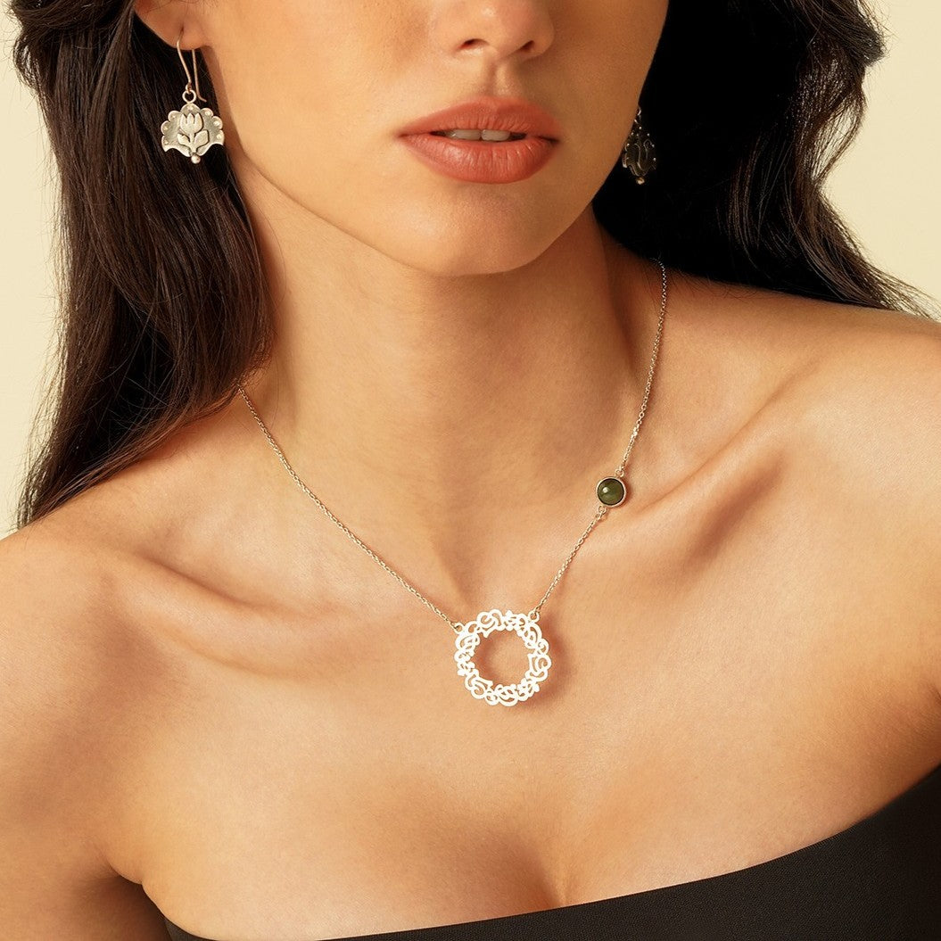Handmade Silver Neckalce with Persian Calligraphy and Green Agate